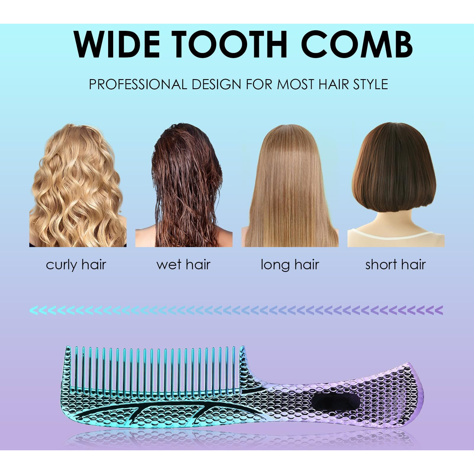 Candybrush Shatterproof Pc Wide Tooth Comb For Thick Hair - Unbreakable Detangler For Women & Teens Travel, Salon Grade Gradient Hair Styling Tool With Lux Pet Case Cyan-Purple