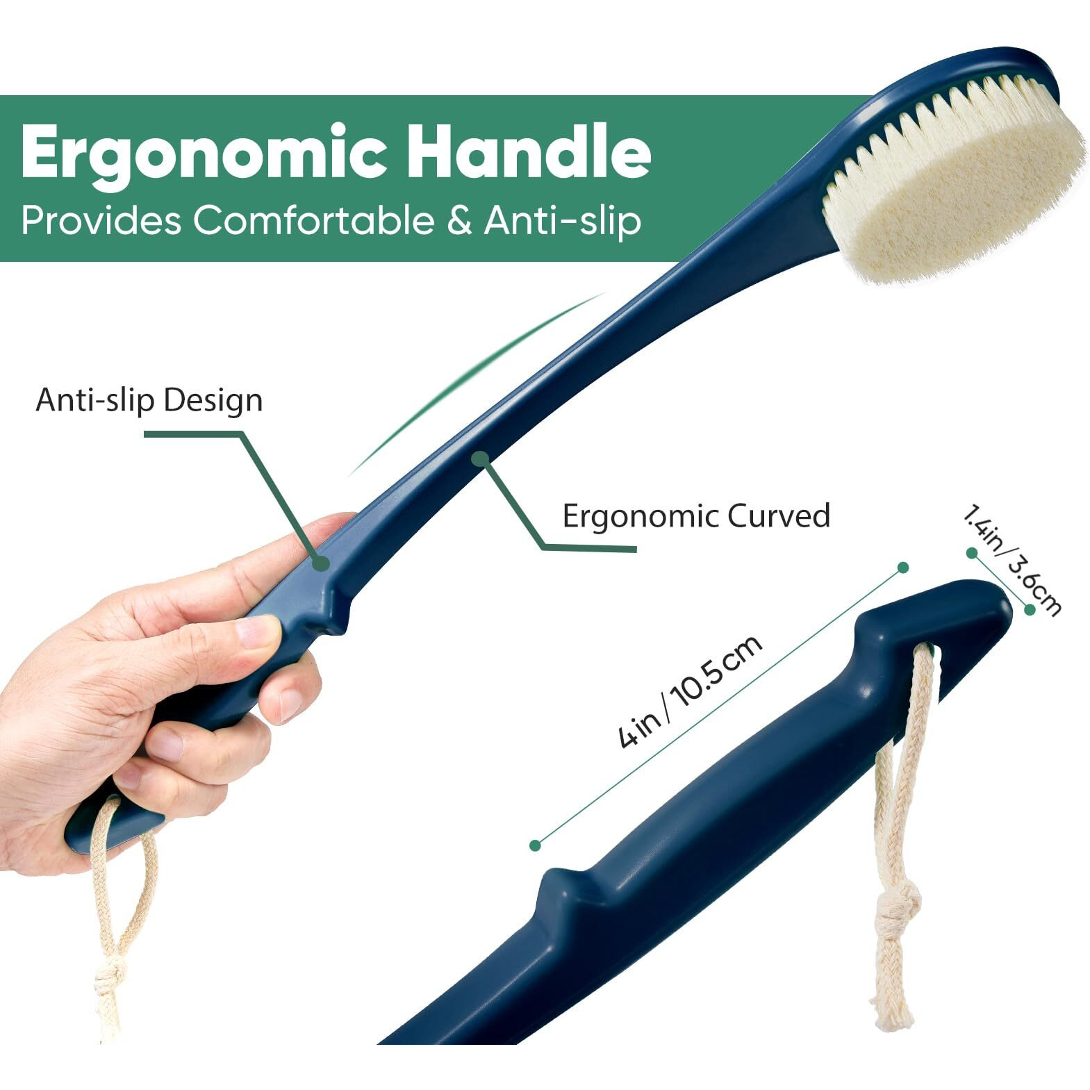 Back Scrubber For Shower, 17-Inch Shower Brush For Men And Women, Long Handle Exfoliating Body Brush, Medium Bristle Stiffness For Dry Or Wet Brushing (Navy Blue)