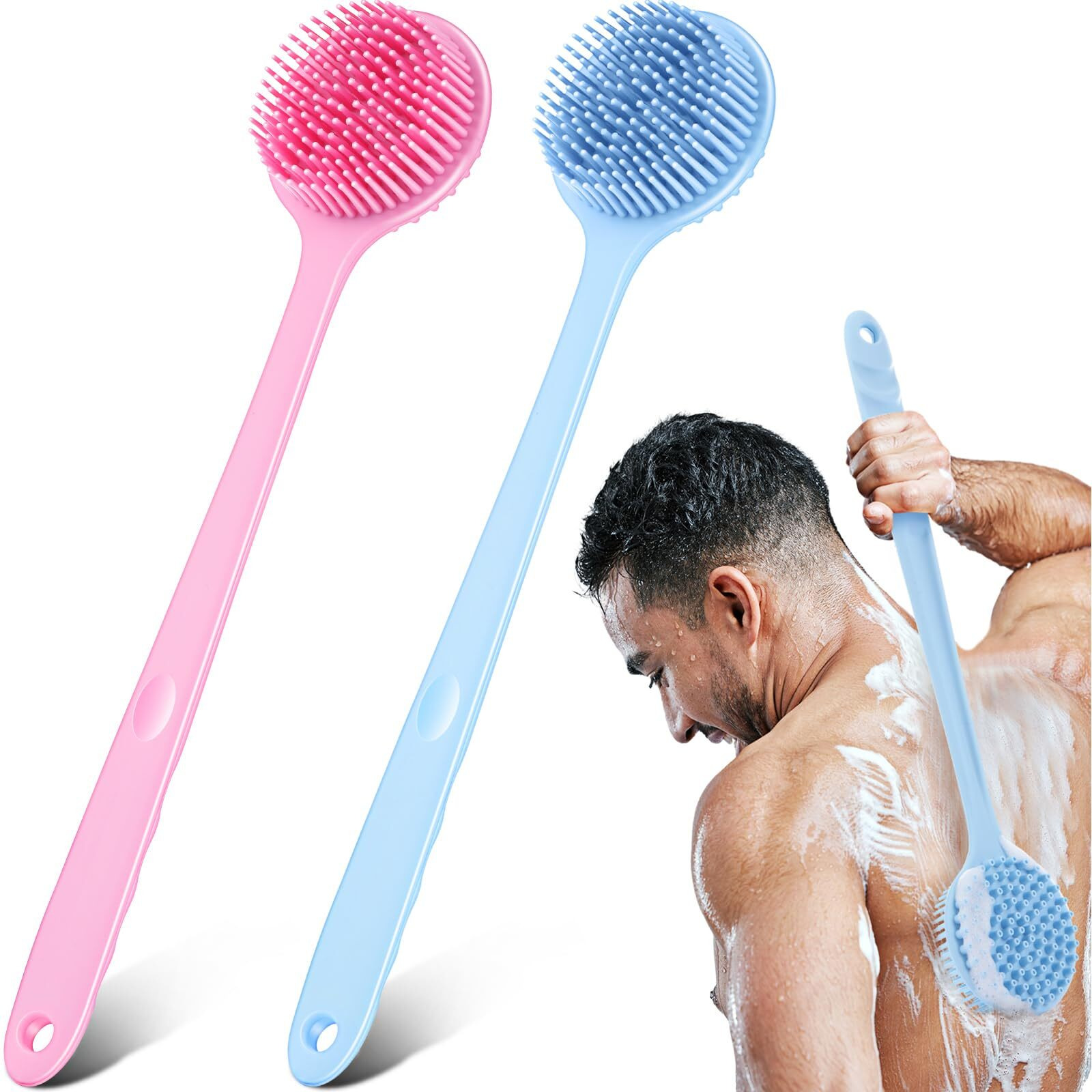 Sunnyray 2 Pack 15 Inch Soft Silicone Back Scrubber With Long Handle, Scrubber Anti Slip For Shower, Bath Body Brush, Improved Skin Health Can Produce Foam For Men And Women(Pink,Nordic Blue)