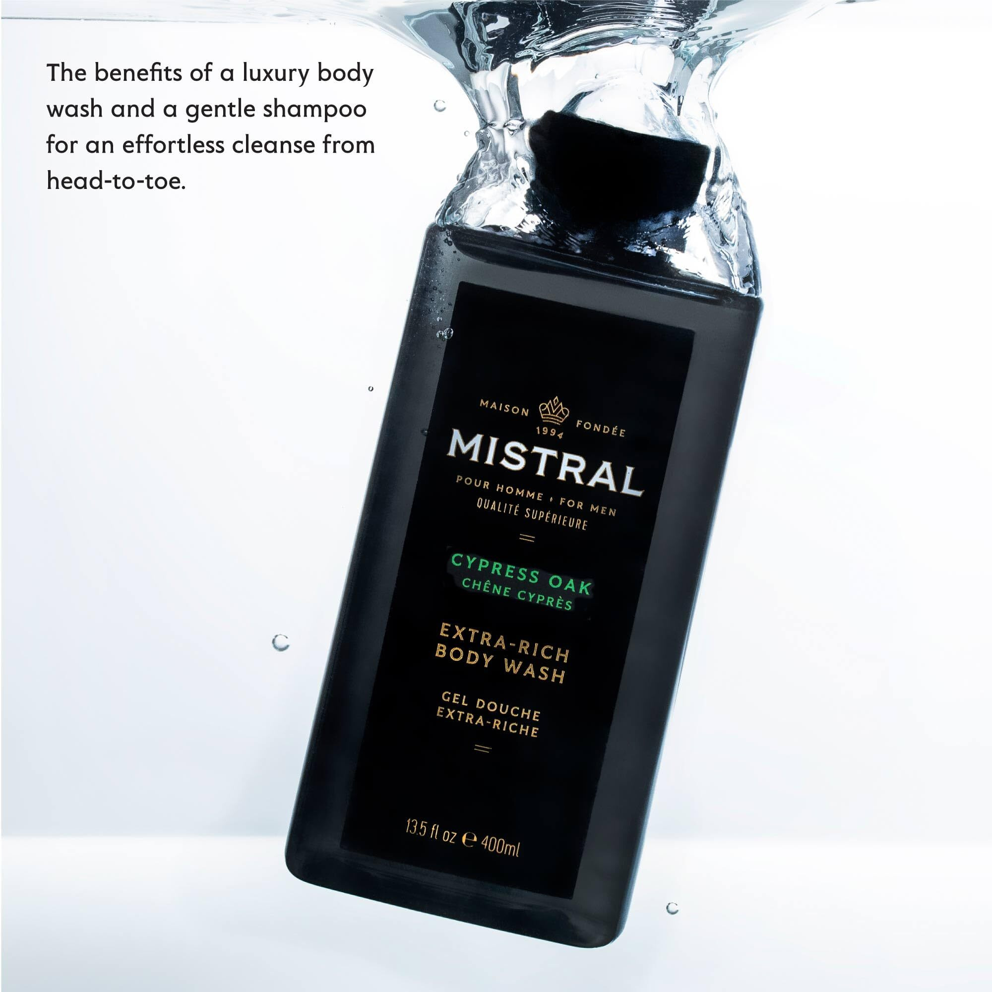Mistral Men's Body Wash & Shampoo, Cypress Oak 13.5 Oz | 2-In-1 Natural Shower Gel For Men | Sls, Paraben & Phthalate Free | Natural Mens Body Wash, Moisturizing Bath Gel - Made In France