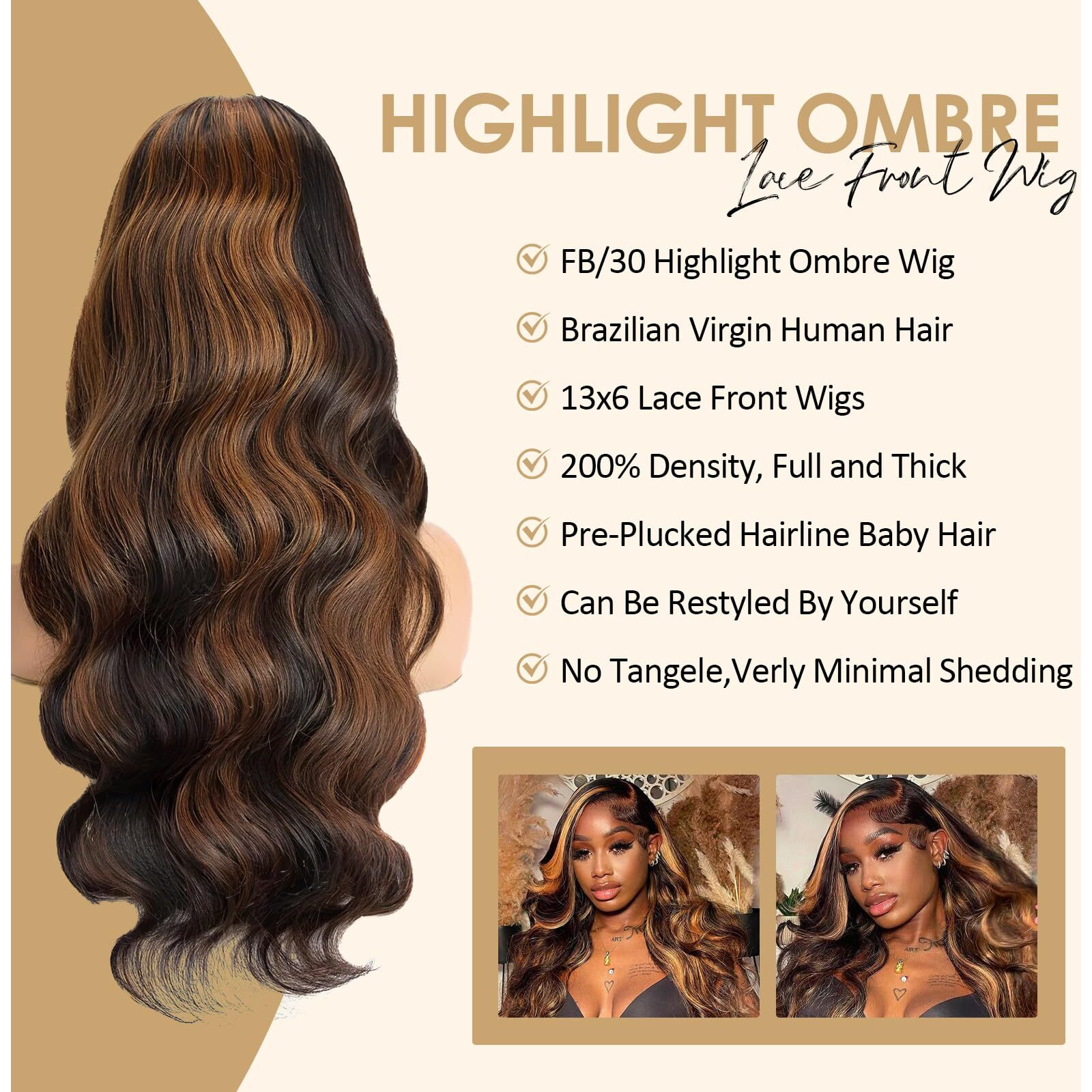Agairl Highlight Ombre Lace Front Wig Human Hair Fb/30 13X6 Body Wave Hd Lace Front Wigs Human Hair Pre Plucked 210% Density Hd Lace Frontal Wig Glueless Wigs For Women 26 Inch