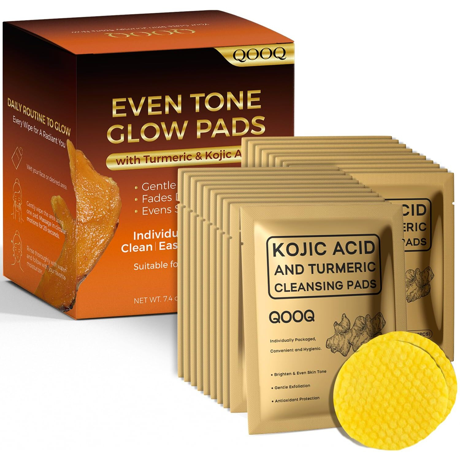 Turmeric Kojic Acid Cleansing Pads - Travel-Size Individually Packaged Face Scrub Pads (60Pcs) - Gentle Exfoliating & Brightening For Dark Spots & Hyperpigmentation - With Glycerin And Citric Acid