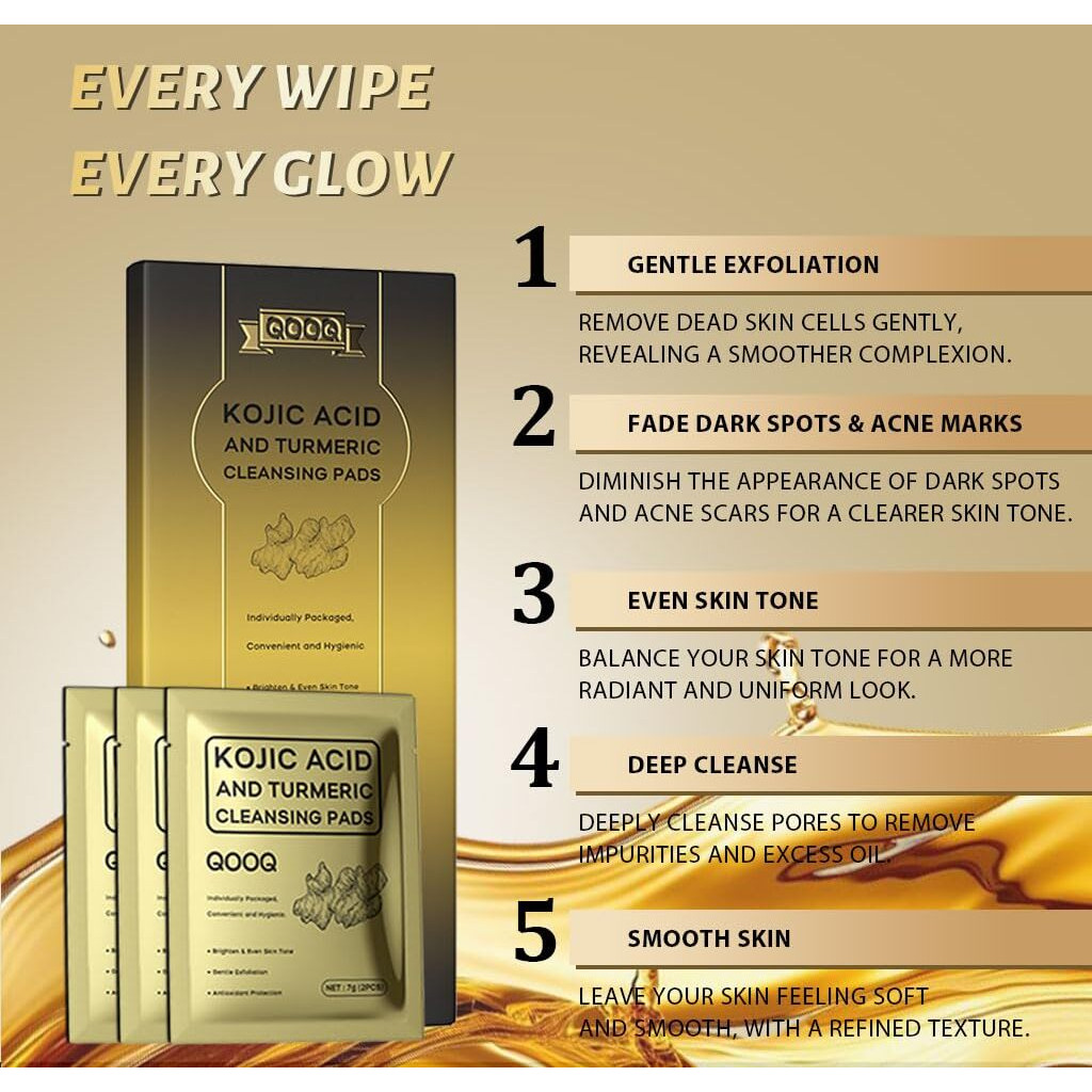 Turmeric Kojic Acid Cleansing Pads - Travel-Size Individually Packaged Face Scrub Pads (60Pcs) - Gentle Exfoliating & Brightening For Dark Spots & Hyperpigmentation - With Glycerin And Citric Acid