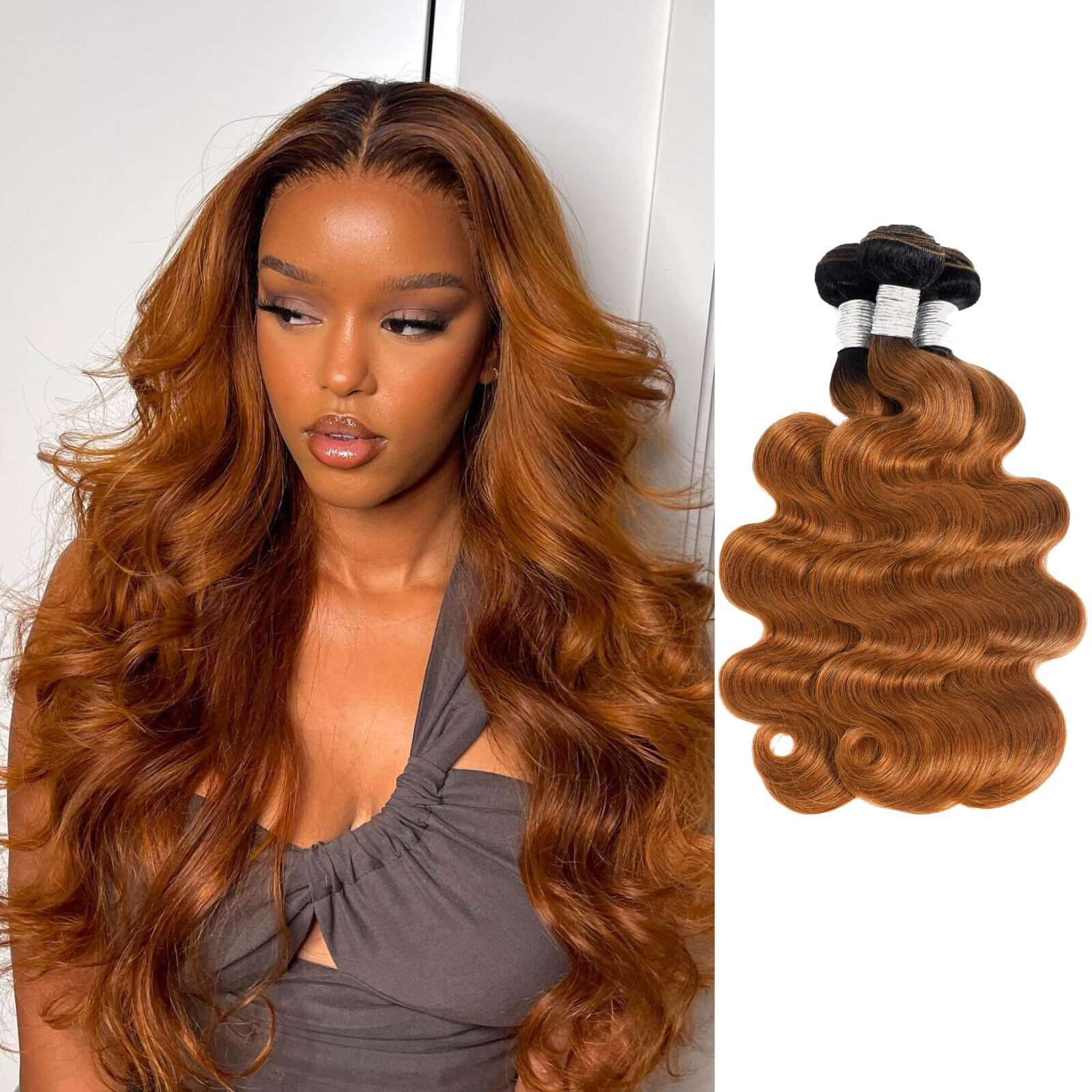 Ombre Brown Body Wave Bundles 22 24 26 Inch T1B/30 Human Hair 3 Pack Wavy Bundles Black And Brown Blonde Color