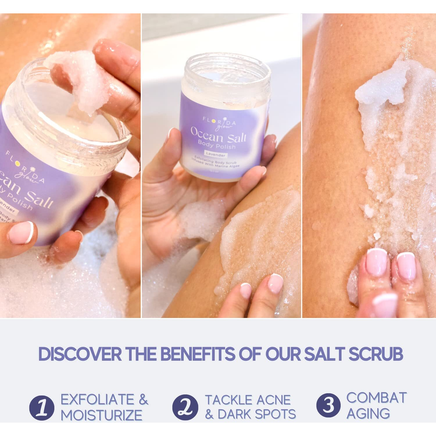 Sea Salt Body Scrub By Florida Glow - Ocean Salt Body Polish Infused With Marine Algae - Exfoliating Face And Body Scrub - To Tackle Acne And Scars For Smooth Soft Skin (Lavender, 12.1 Oz)
