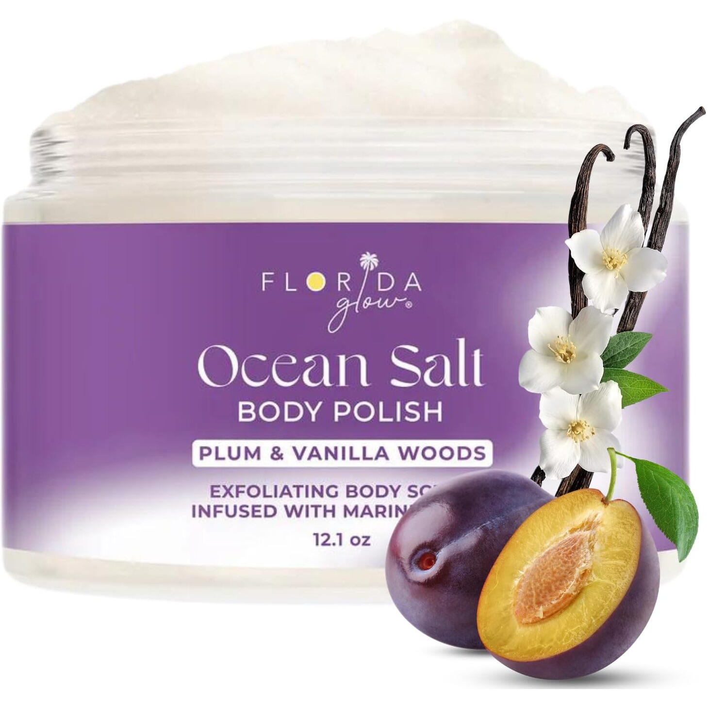Sea Salt Body Scrub By Florida Suncare - Ocean Salt Body Polish Infused With Marine Algae - Exfoliating Face And Body Scrub, Facial Scrub Exfoliator To Tackle Acne, Scars (Plum & Vanilla Woods 12.1Oz)