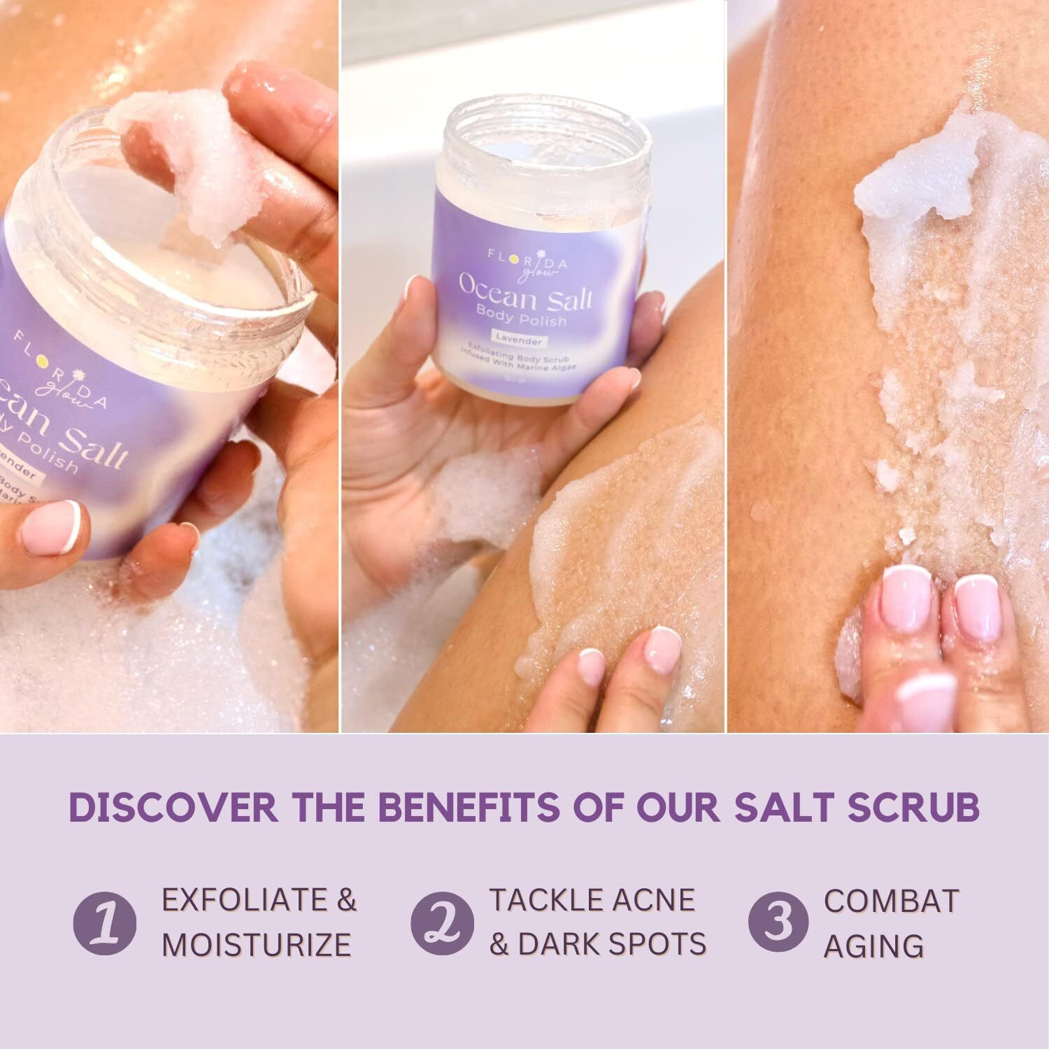 Sea Salt Body Scrub By Florida Suncare - Ocean Salt Body Polish Infused With Marine Algae - Exfoliating Face And Body Scrub, Facial Scrub Exfoliator To Tackle Acne, Scars (Plum & Vanilla Woods 12.1Oz)