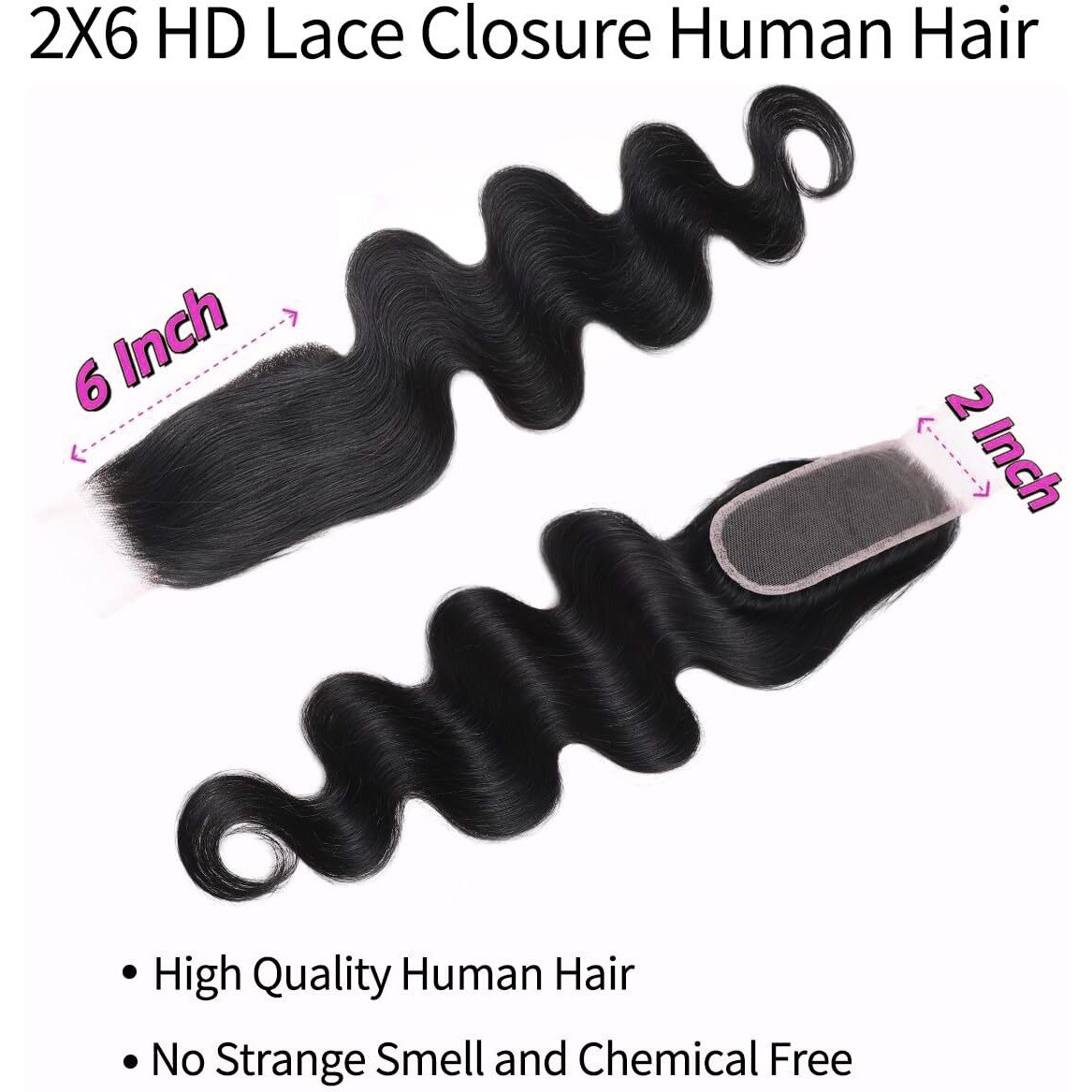 2X6 Lace Closure Body Wave Human Hair Transparent 2 By 6 Hd Lace Closure 14Inch 100% Brazilian Virgin Unprocessed Middle Part Human Hair Kim K Closure With Baby Hair Natural Color