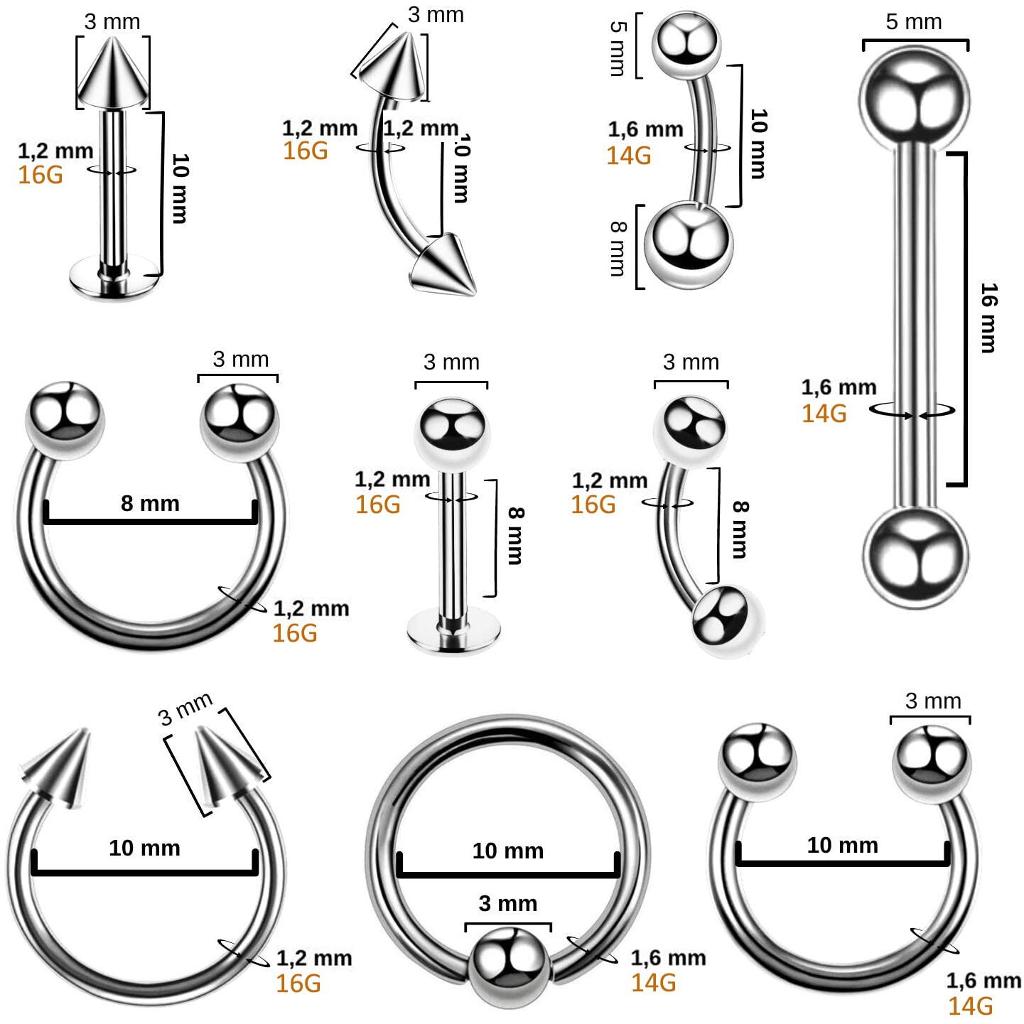 Bodyj4You 36Pc Pro Body Piercing Kit - Nose Septum Ear Cartilage Lip Belly Navel Tragus Eyebrow - Black Steel 14G 16G Bcr Cbr Ring Barbell Spike - Tools Needles Gloves Clamps