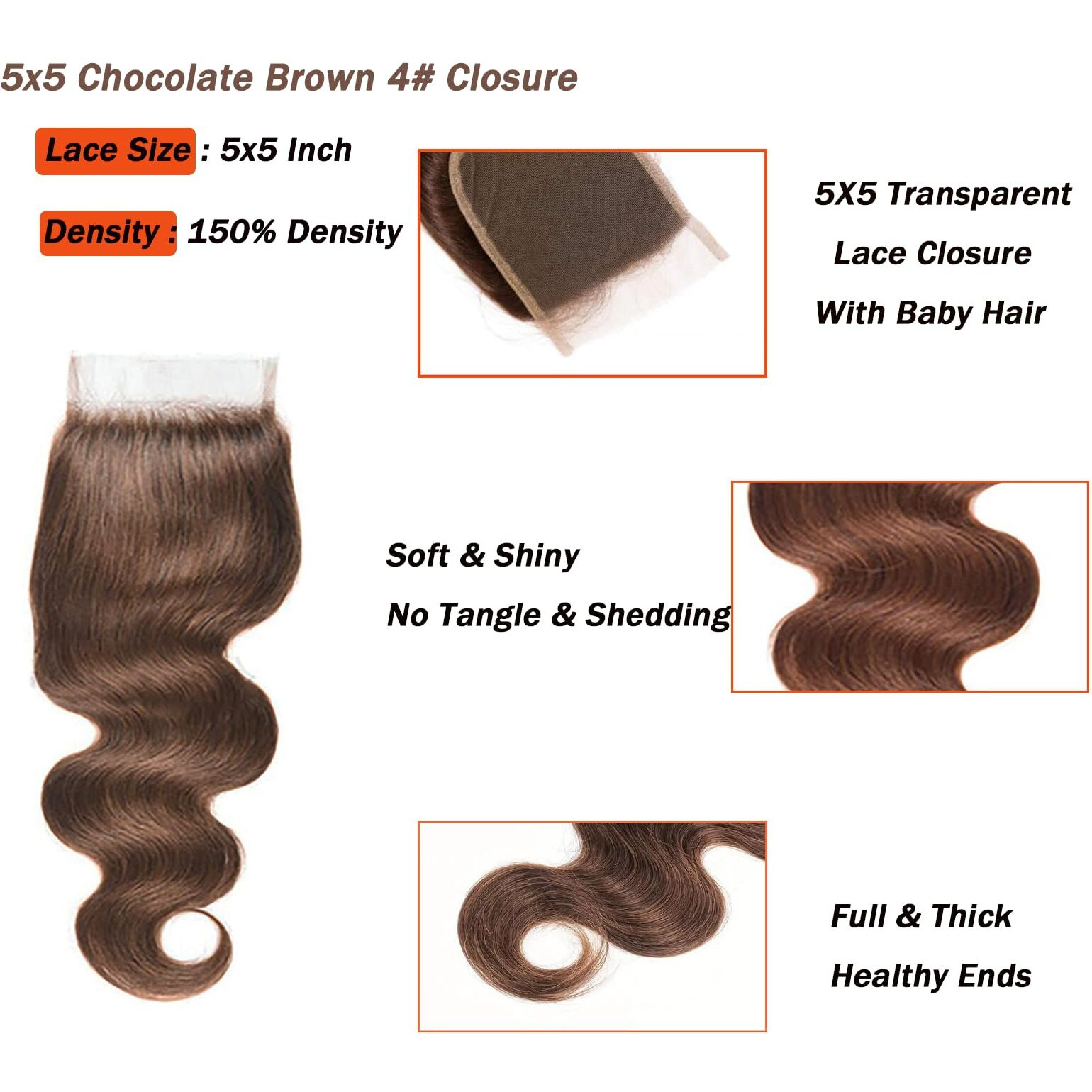5X5 Chocolate Brown 4 Closure Body Wave 100% Human Hair Plucked With Baby Hair Naturel Hairline 5 By 5 Hd Transparent Lace Closure 16 Inch