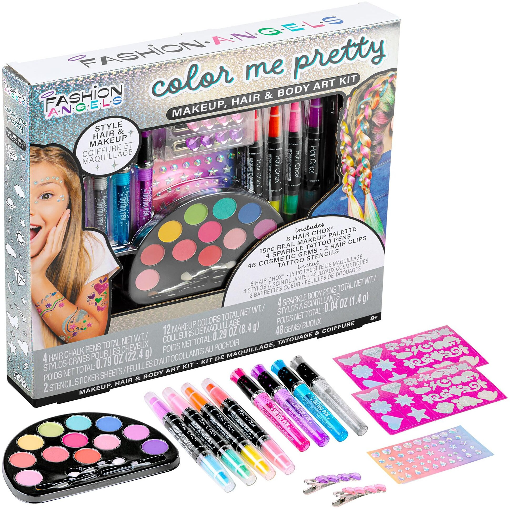 Fashion Angels Color Me Pretty Makeup, Hair & Body Art Kit, Set Includes Hair Chox, Real Makeup Palette, Sparkle Tattoo Pens & More, Ideal Gift For Girls