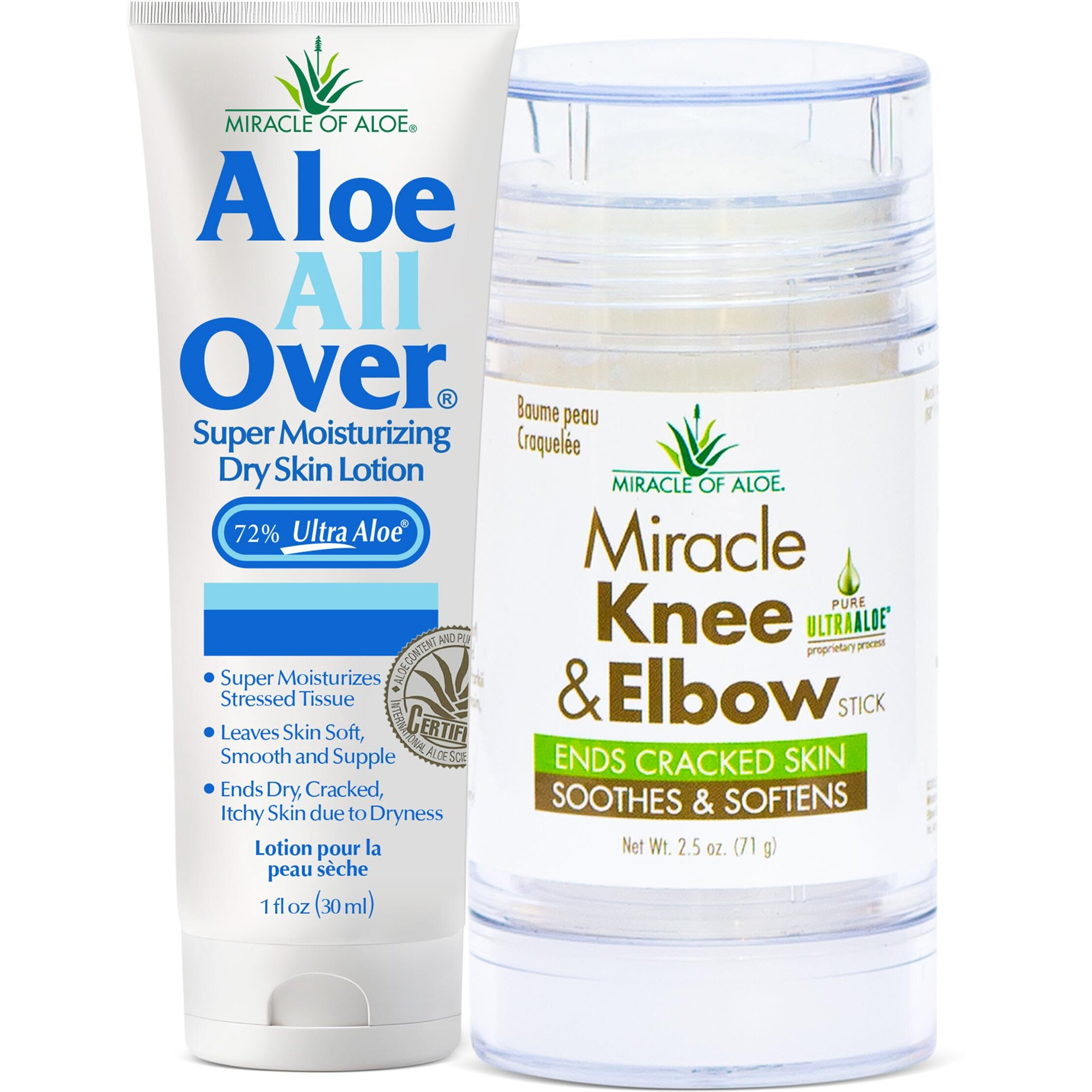 Knee & Elbow Stick 2.5 Oz + Aloe All Over Moisturizing Lotion 1 Oz Hydration Combo Pack - Heals & Hydrates Dry, Cracked Skin - Enriched With 72% Ultraaloe & Essential Oils