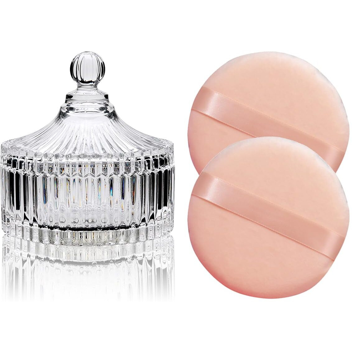 2 Pack Extra Large 5.2"" Beige Powder Puffs And 5.3"" Glass Container - Oversized Soft Body & Face Large Powder Puff Dusting Powder Jar Holder Case(Clear Glass)