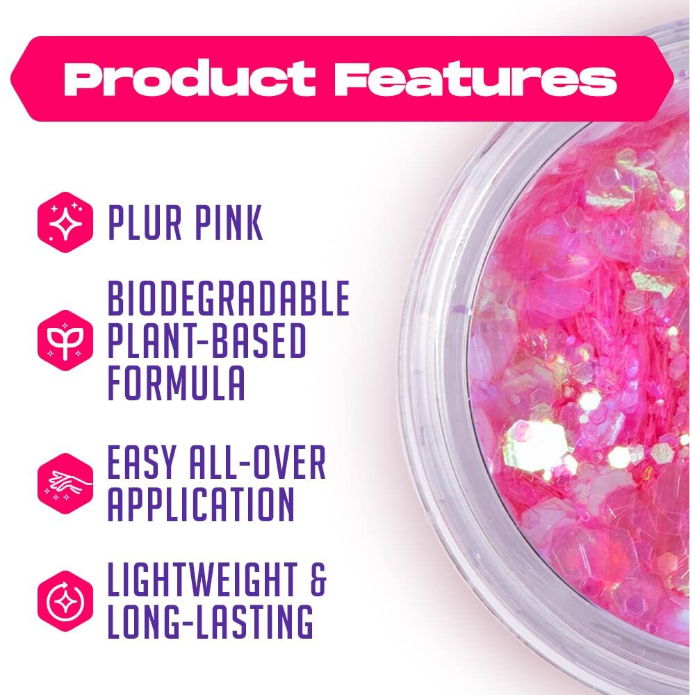 Pink Biodegradable Glitter Makeup | Plant Based, Eco Friendly, Hair Glitter, Face Glitter Or Body Glitter | Cosplay, Edm Music Festival And Rave Makeup Accessory | 5 Grams Of Chunky Glitter