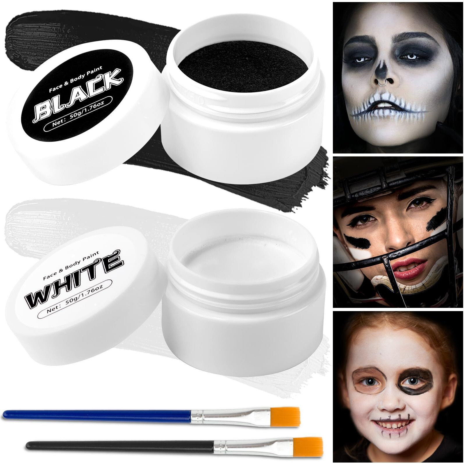 Tonjin Black + White Face Body Paint Set 3.5Oz/100G, Non-Toxic Professional Facepaint Makeup Kit With 2 Brushes For Kids & Adults Art Theater Halloween Party Cosplay Clown Corpse Goth Sfx Makeup