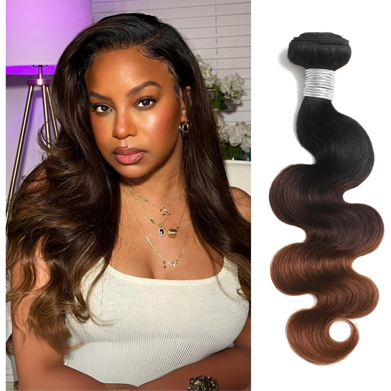 Auroo T1B/2/30 Chestnut Brown Ombre Human Hair Bundles Body Wave 10 Inch, 12A Thick Track 100% Virgin Human Hair Bundles Dark Roots Bundle 3 Tone Ombre Medium Auburn Colored Single Bundle Quick Weaves