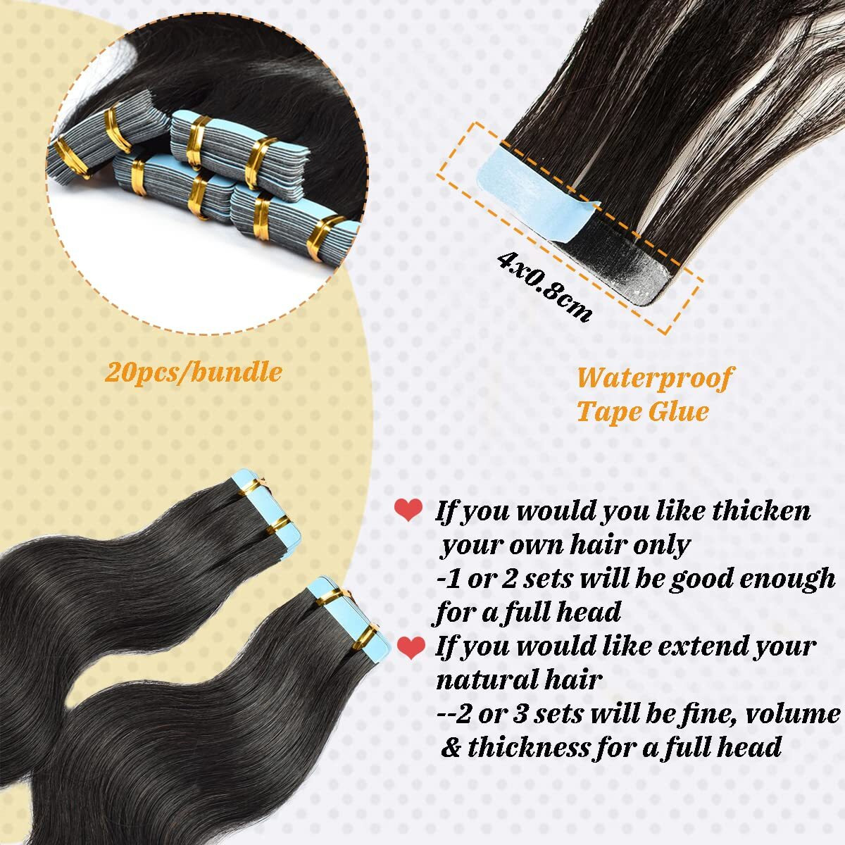 Body Wave Tape In Hair Extensions Human Hair 22Inch 1B Natural Black Wavy Tape Ins Extensions Real Human Hair For Women Invisible Soft 20Pcs 50G