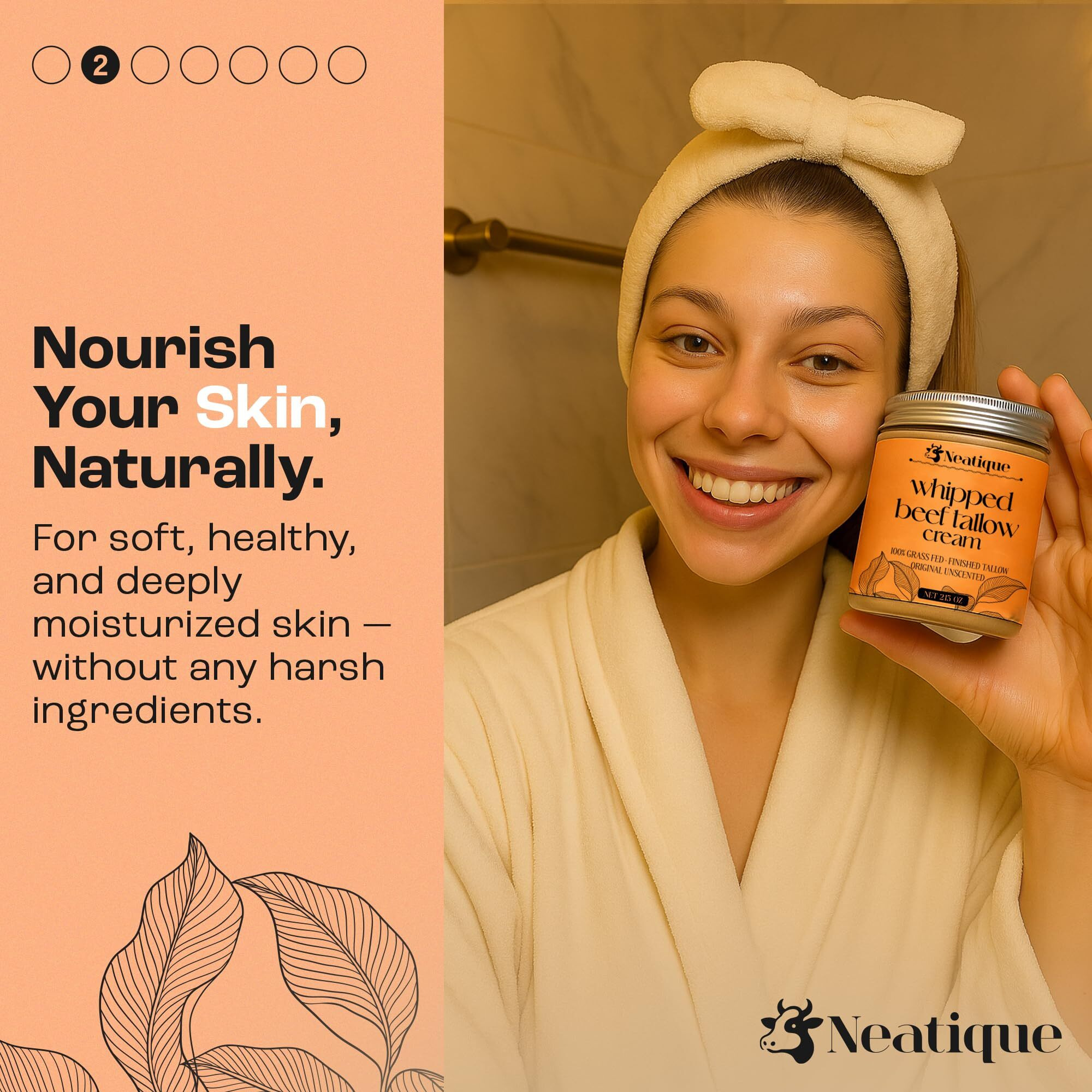 Neatique 100% Grass Fed Beef Tallow For Skin Care Face & Body | Whipped Moisturizer For Skin | With Organic Beeswax & Organic Honey Balm | All Natural Formula, 2.13Oz (Orange)