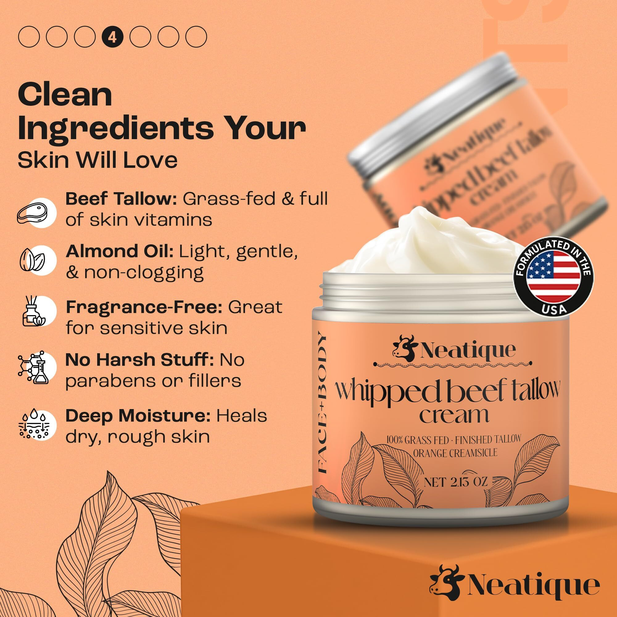 Neatique 100% Grass Fed Beef Tallow For Skin Care Face & Body | Whipped Moisturizer For Skin | With Organic Beeswax & Organic Honey Balm | All Natural Formula, 2.13Oz (Orange)