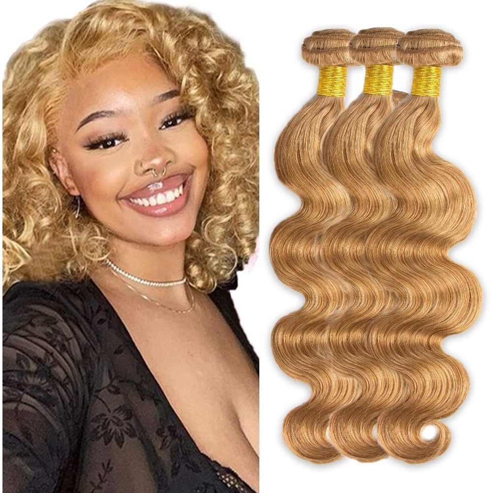 27 Blonde Bundles Human Hair Body Wave Bundles 18 20 22 Inch 3 Bundle Unprocessed Brazilian Virgin Hair Honey Blonde Body Wave Human Hair Extensions 50 Gram Per Bundle