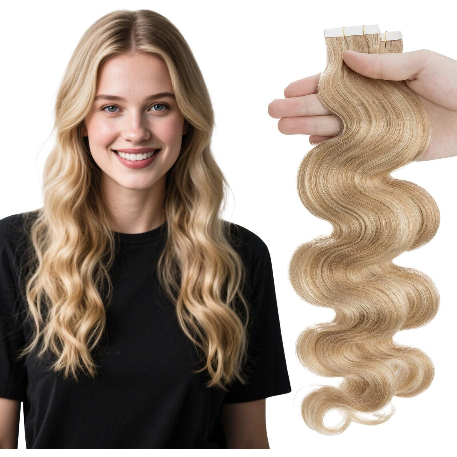 Elailite Wavy Tape In Hair Extensions Human Hair Body Wave Real Remy Hairpieces Ash Blonde & Bleach Blonde 14 Inch 40G 20Pcs Invisible Seamless Skin Weft Best Tape For Women