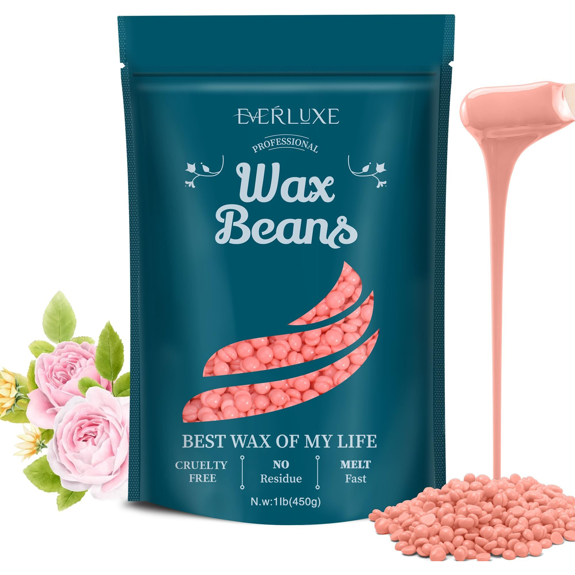 Everluxe Wax Beads-1Lb Pink Hard Wax Beads For Hair Removal-Waxing Beads For Sensitive Skin With Rose Extract-Perfect For Bikini/Brazilian/Face/Body Waxing-At Home Beads For Women Men