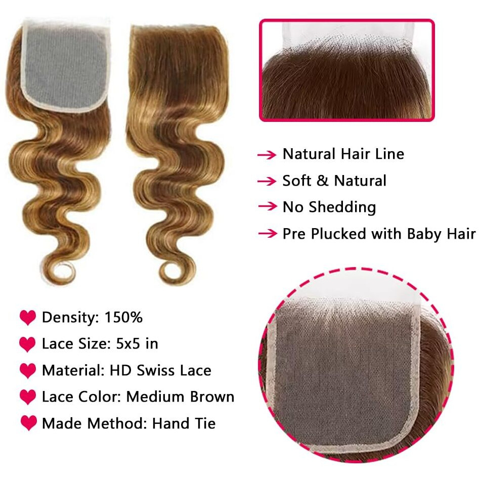 P4/27 Ombre Highlight Body Wave Human Hair Bundles With 5X5 Closure 100% Unprocessed Honey Blonde Body Wave 3 Bundles With Swiss Lace Closure Piano Color
