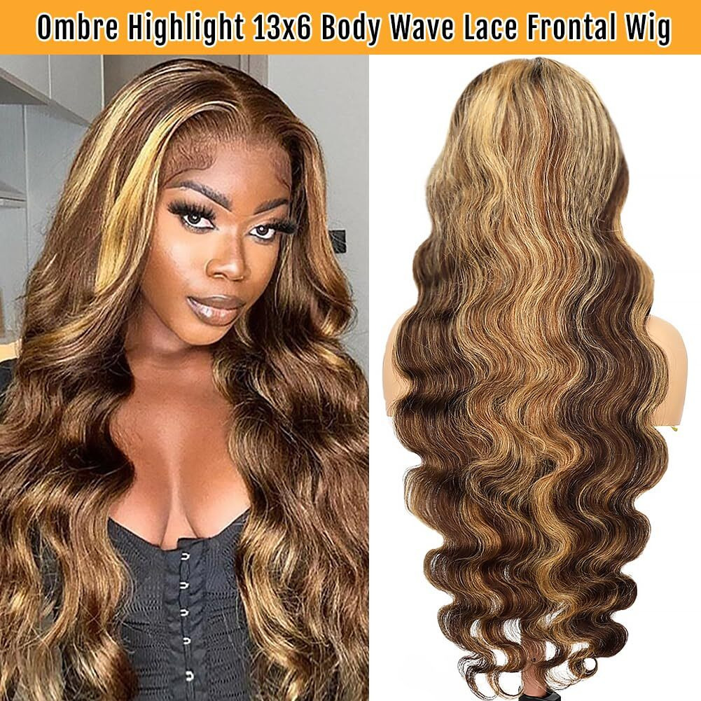 Sheeep Honey Blonde Ombre Lace Front Wigs Human Hair 4/27 Highlight 13X6 Body Wave Lace Frontal Wigs 200 Density Hd Glueless Wigs Pre Plucked With Baby Hair 24 Inch