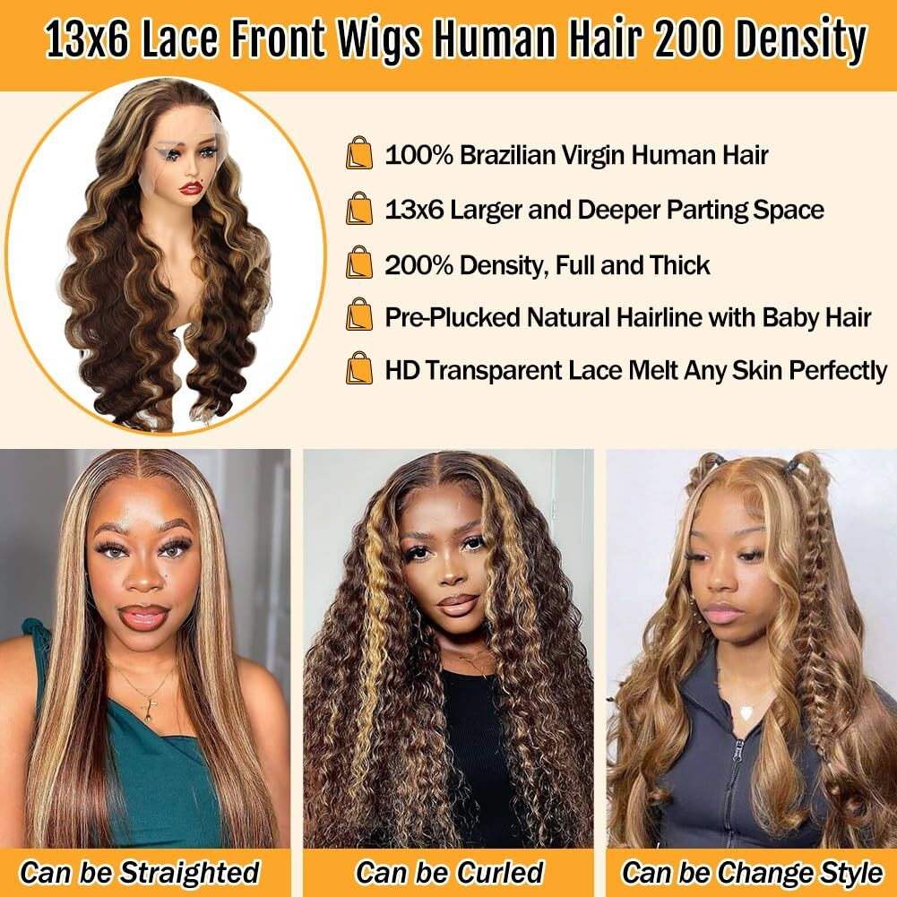 Sheeep Honey Blonde Ombre Lace Front Wigs Human Hair 4/27 Highlight 13X6 Body Wave Lace Frontal Wigs 200 Density Hd Glueless Wigs Pre Plucked With Baby Hair 24 Inch