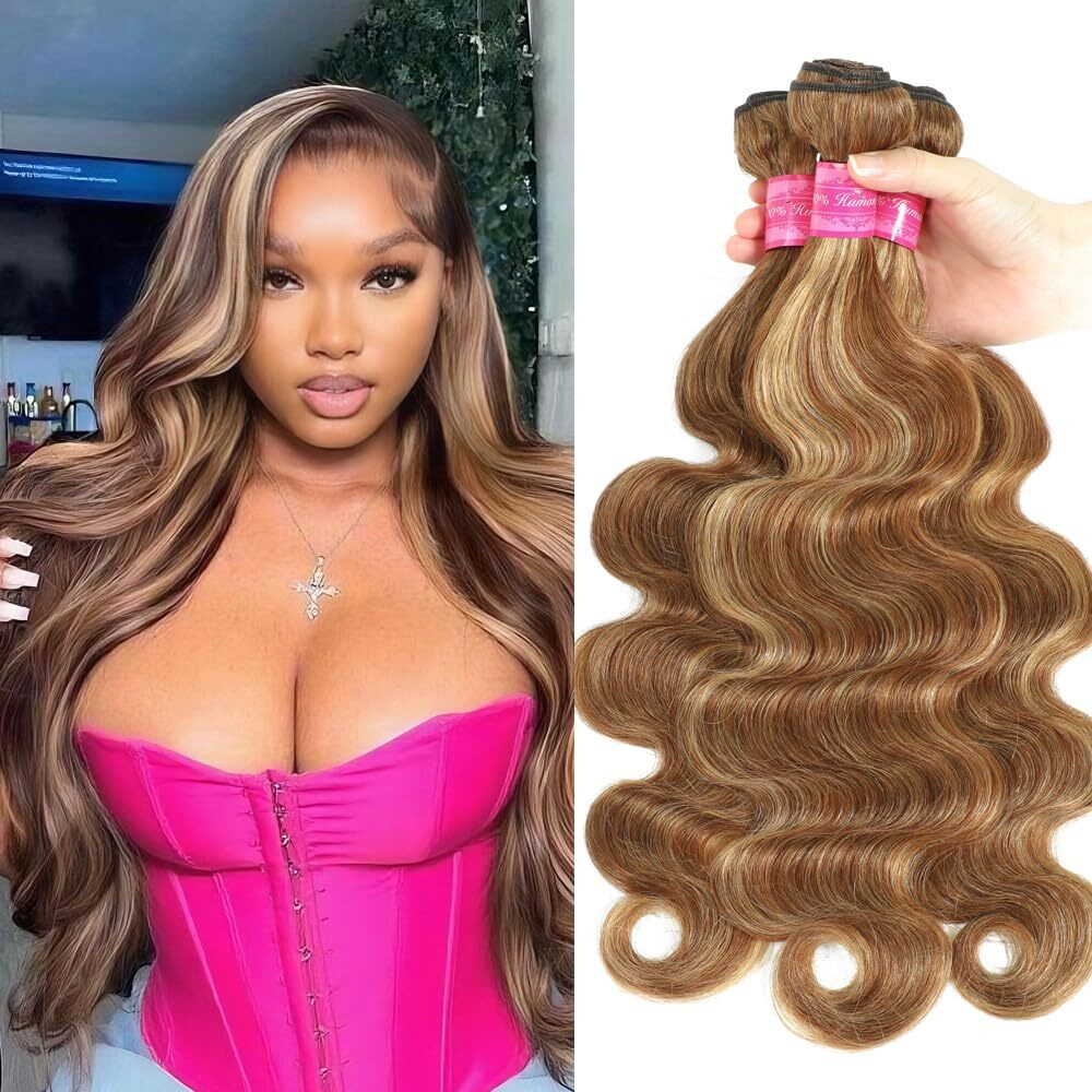 Brown Highlight Body Wave Human Hair Weave 3 Bundles 100% Unprocessed Brazilian Remy Hair Ombre Blonde Wet And Wavy Bundles Sew In Fb30 Piano Color