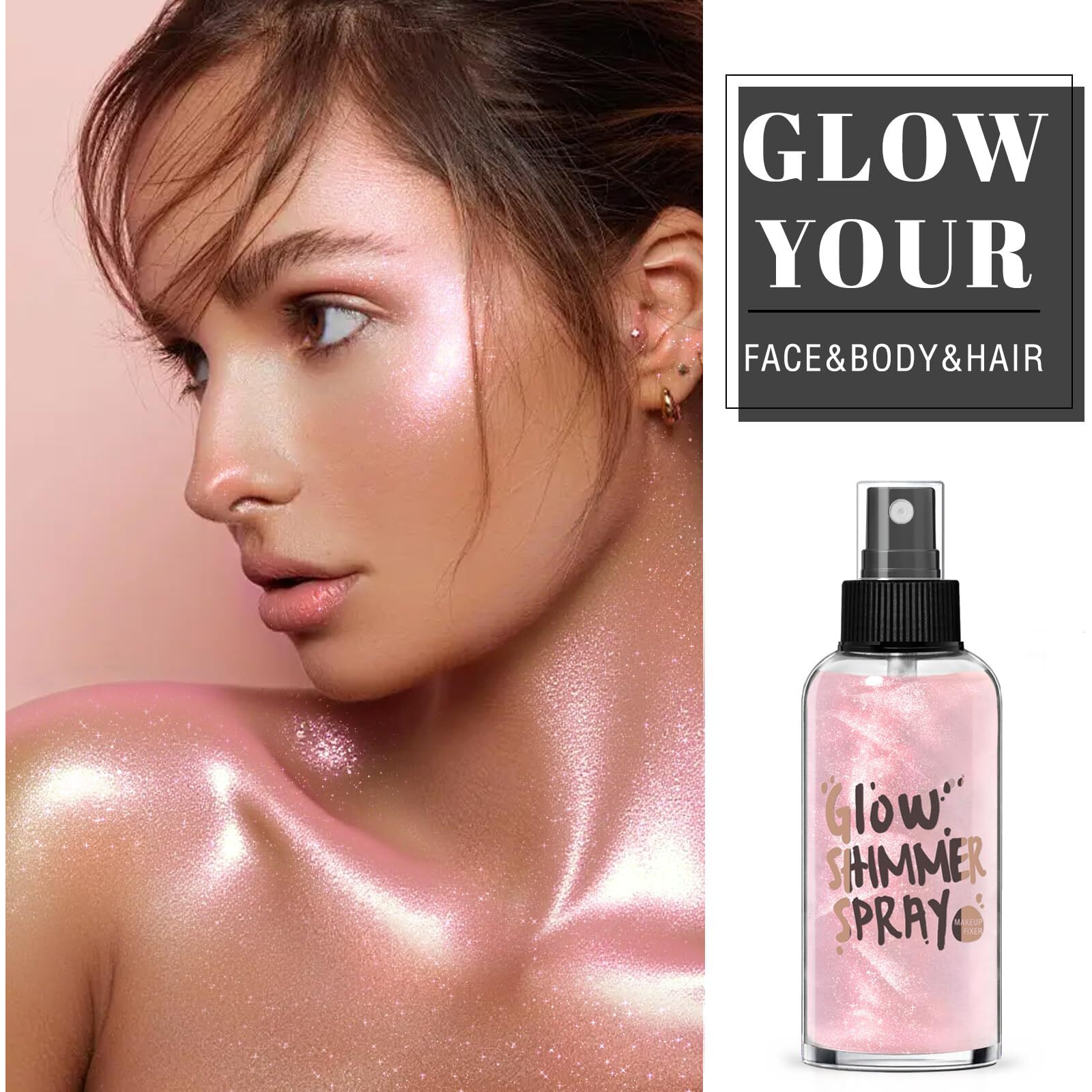 Hosaily Body Glitter Spray - Pink Body Shimmer For Face, Hair & Body, Moisturizing Luminizer Glow Illuminator, Quick-Drying Sparkling Glitter Spray Liquid Highlighter Makeup (07)