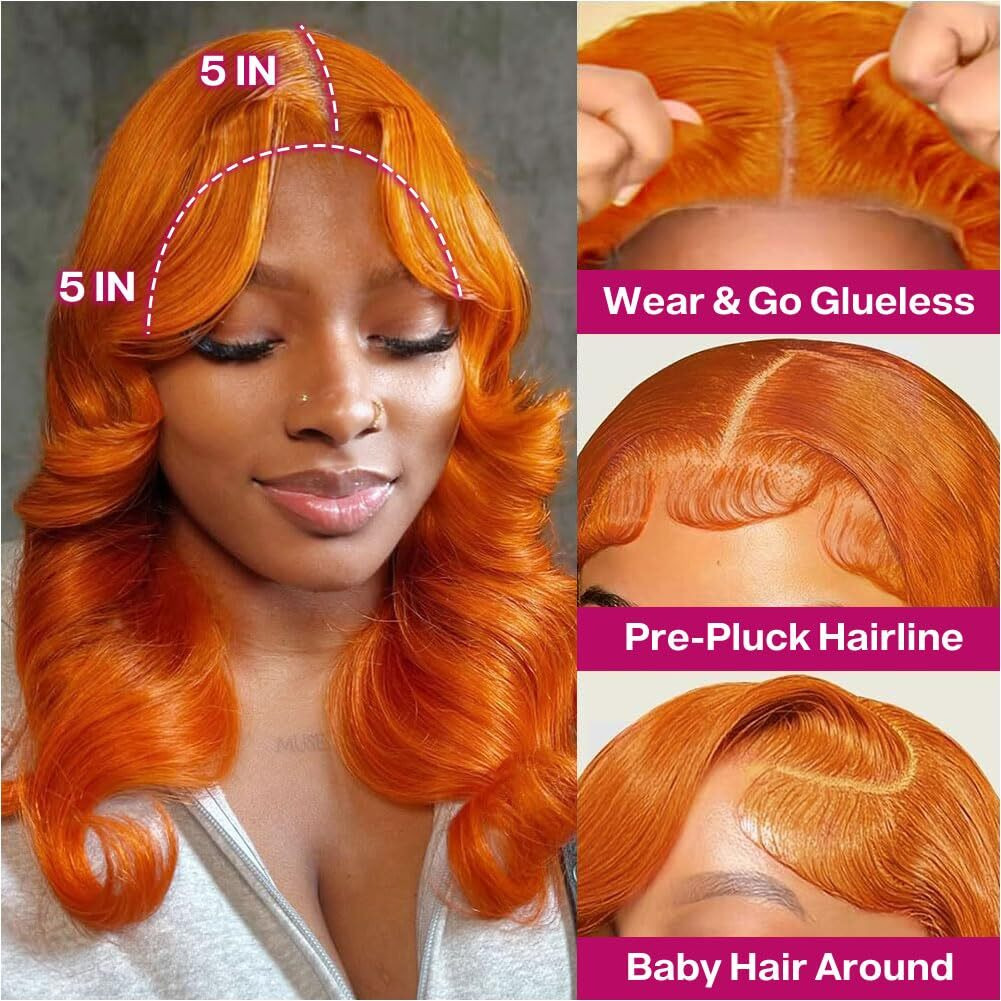 Ailwelia Ginger Glueless Body Wave Bob Wig Human Hair 200% Density 5X5 Hd Lace Closure Wigs For Black Women 350 Wear And Go Glueless Bob Wig Human Hair With Baby Hair 18 Inch