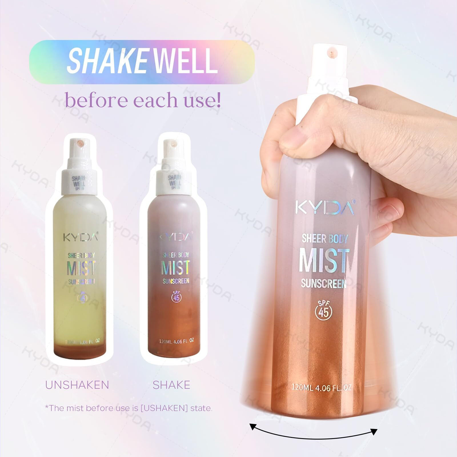 Kyda Sheer Body Sunscreen Mist, Spf 45, Radiant Glow Sunscreen Spray, Infused With Shimmer Body Oil, Ultra-Fine Glowing Mist, Quick Drying, Lightweight Hydrating Spray, 4.06 Fl Oz, Gold
