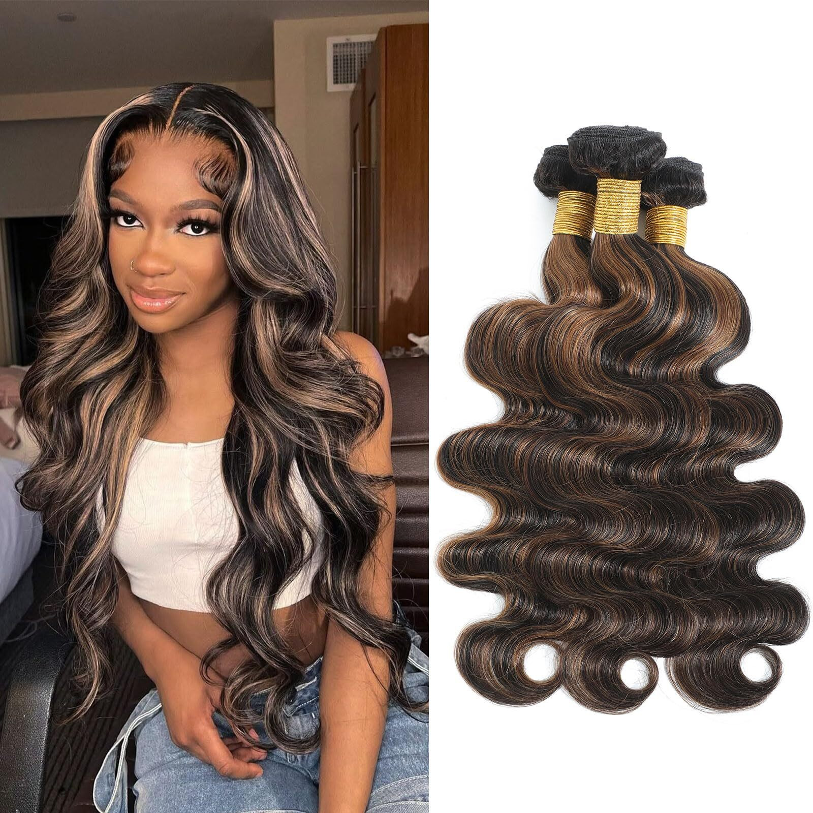 Dsekcain P1B/30 Human Hair Bundles Body Wave Highlight Brown Color Body Wave Bundle 100% Real Human Hair And True To Length 14 16 18 Inch 3 Pcs/Pack