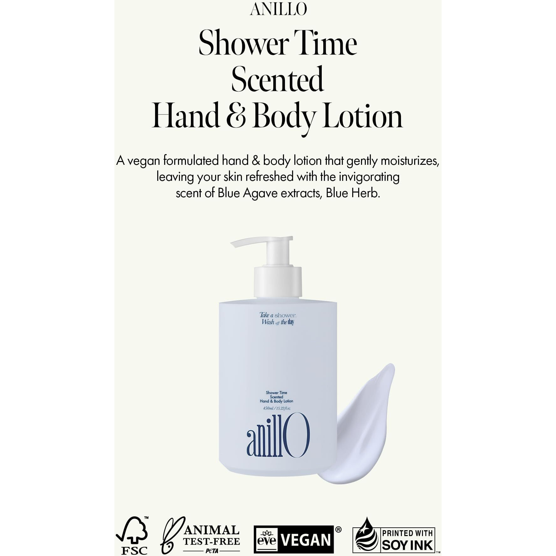 Anillo Shower Time Scented Body Lotion - Vegan Hand & Body Lotion With Ceramide & Botanical Oils, Free From Paraben, Silicone, Sulfate, Blue Agave Scent, 15.22 Fl.Oz