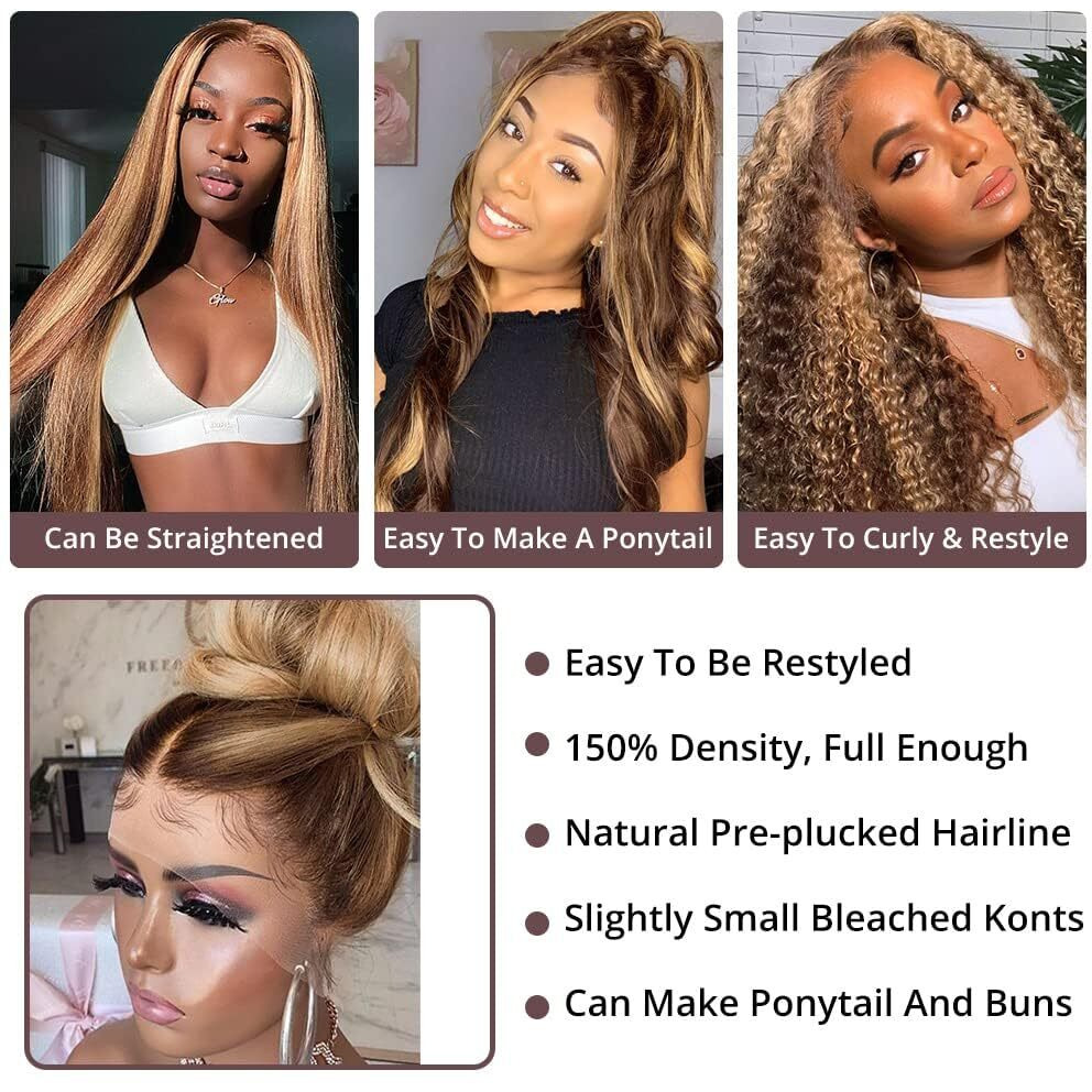 250% Density 360 Lace Front Wigs Human Hair Pre Plucked Honey Blonde Body Wave Lace Front Wigs With Baby Hair Full 360 Glueless Hd Transparent Lace Front Human Hair Wigs For Women 4/27 Human Hair Wig