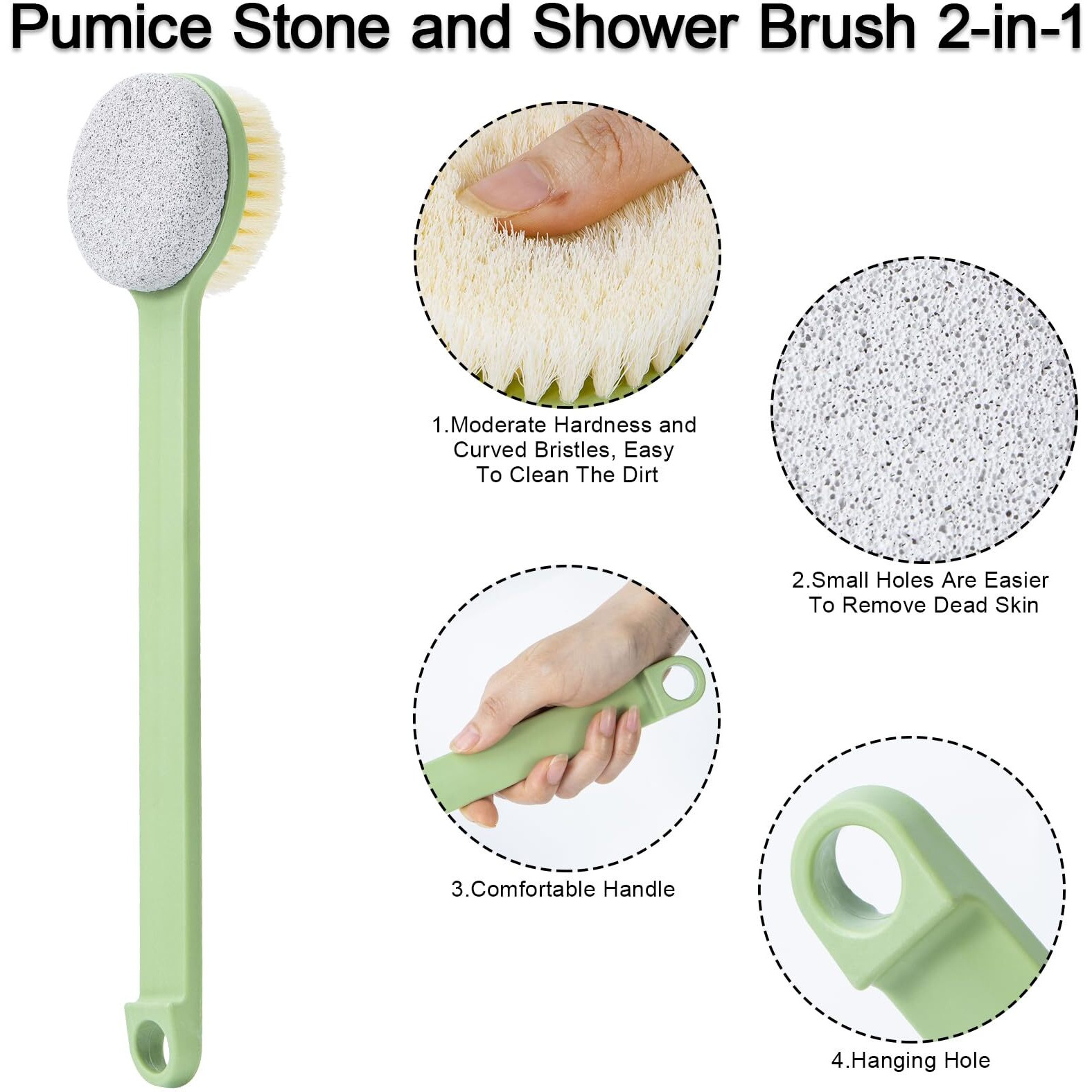 Beomeen Pumice Stone For Feet And Shower Brush With Long Handle 14"", Hard Skin Callus Remover, 2 In 1 Foot Scrubber Brush, Back Scrubber Body Brush For Shower Deep Cleansing And Exfoliating (Straight)