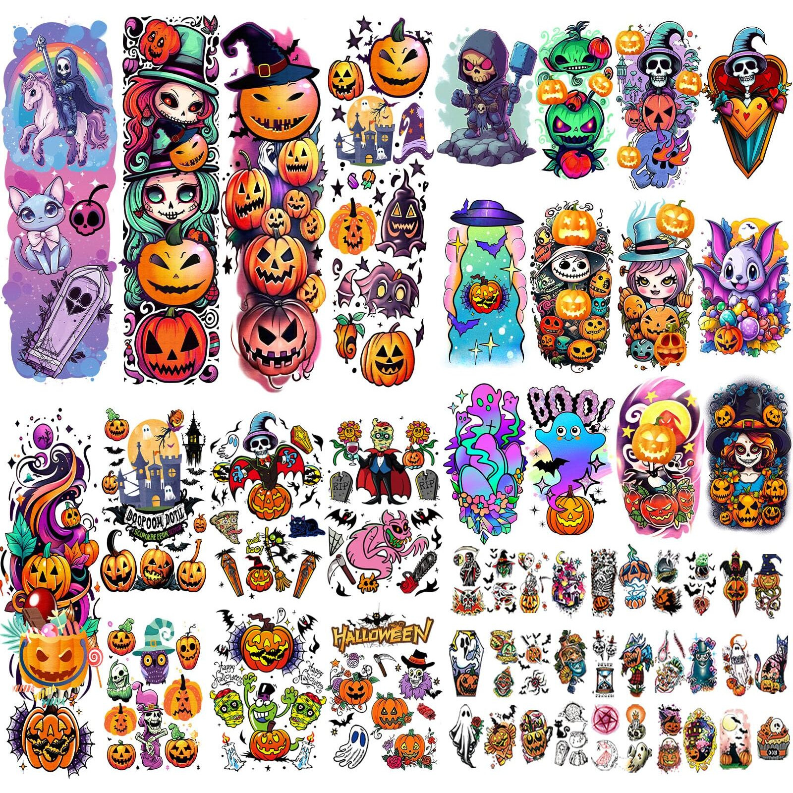 52 Pcs Bright Colors Halloween Temporary Tattoo For Kids Full Arm For Girls Boys Pumpkin Ghost Castle Monster Body Face Fake Arm Tattoos Makeup Tiny Tattoo Stickers Scary Halloween Party Supplies