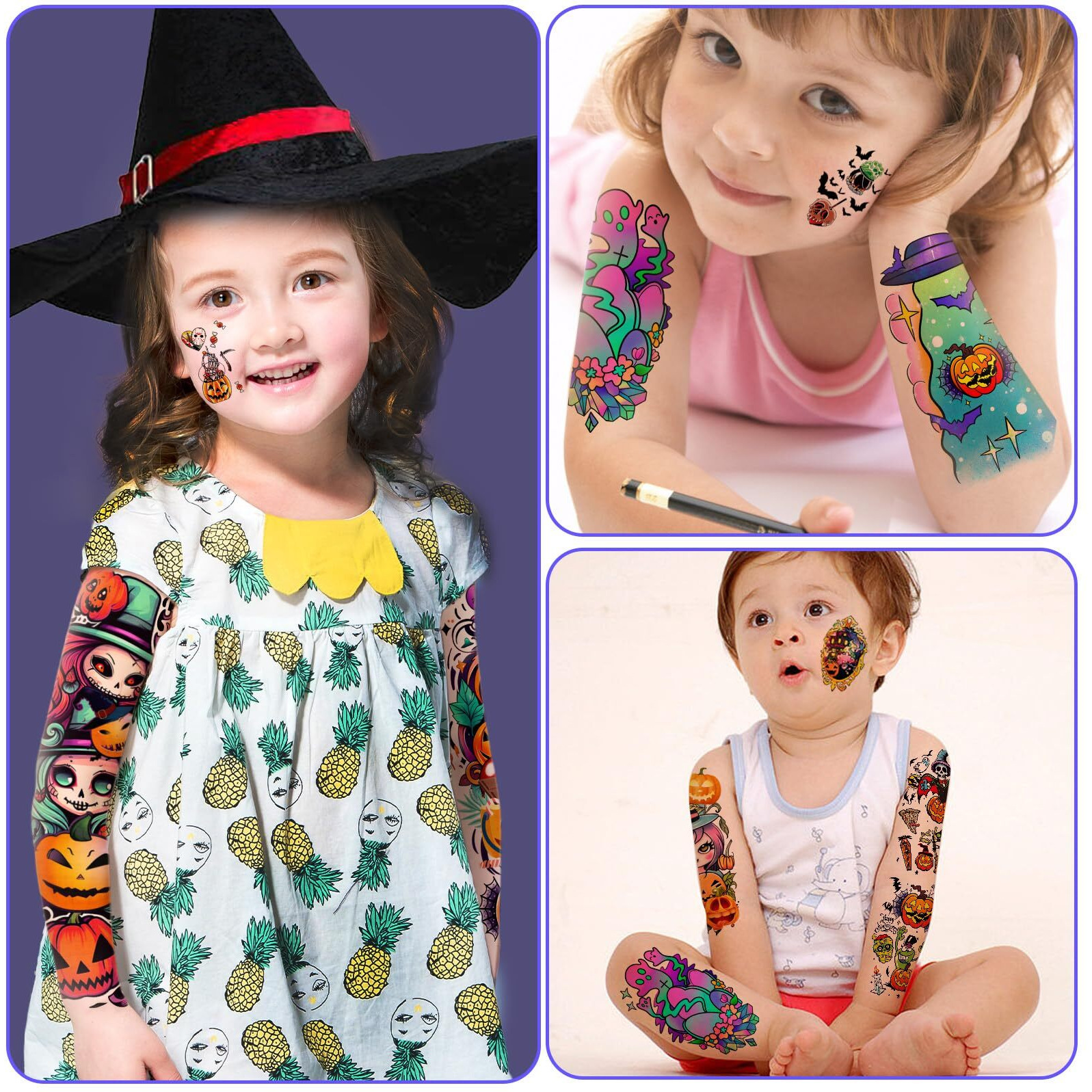 52 Pcs Bright Colors Halloween Temporary Tattoo For Kids Full Arm For Girls Boys Pumpkin Ghost Castle Monster Body Face Fake Arm Tattoos Makeup Tiny Tattoo Stickers Scary Halloween Party Supplies