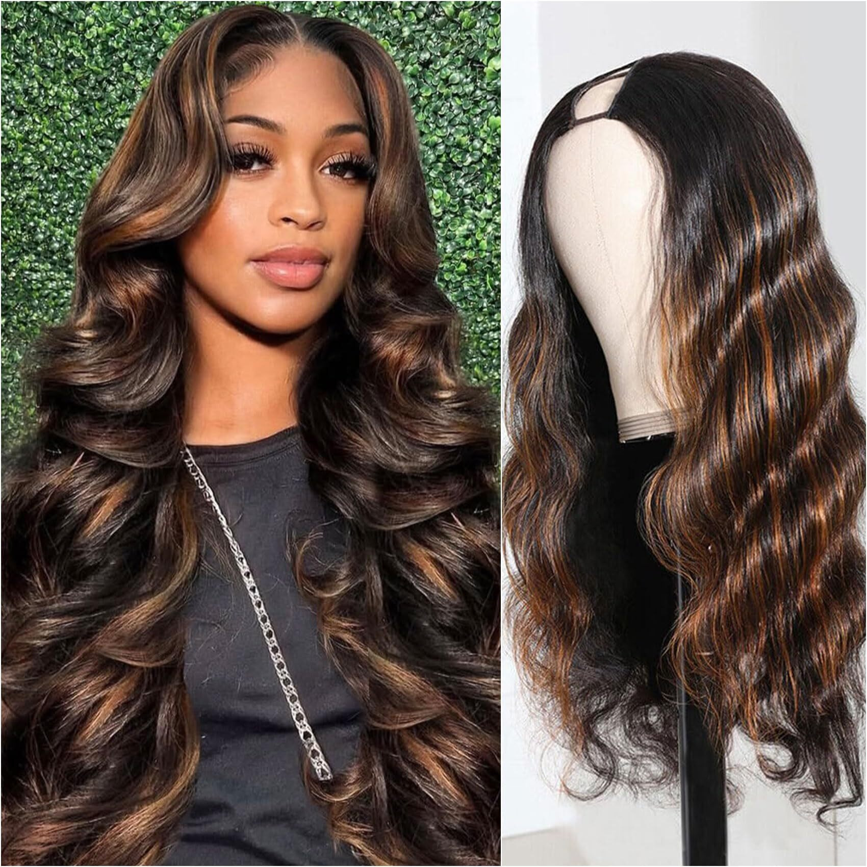 V Part Wig Human Hair Body Wave Glueless No Leave Out Upgrade 22 Inch U Part Wigs Human Hair Clip In Half Wigs 100% Real Human Hair Elastic Drawstring For Women 180% Density 1B/30