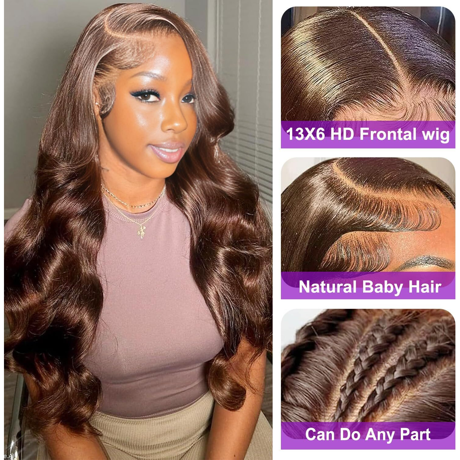 Qgvqgv Chocolate Brown Lace Front Wig 13X6 Body Wave Lace Front Wigs Human Hair Pre Plucked 200 Density Hd Lace Frontal Wigs Human Hair 4 Colored Glueless Frontal Wigs For Women 34 Inch