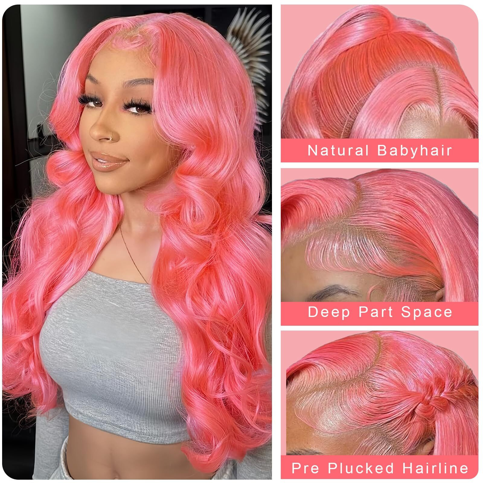 Qgvqgv 28 Inch Pink Lace Front Wig Human Hair 13X6 Hd Lace Pink Body Wave Wig Human Hair Pre Plucked Colored For Women 200% Density Strawberry Body Wave Lace Front