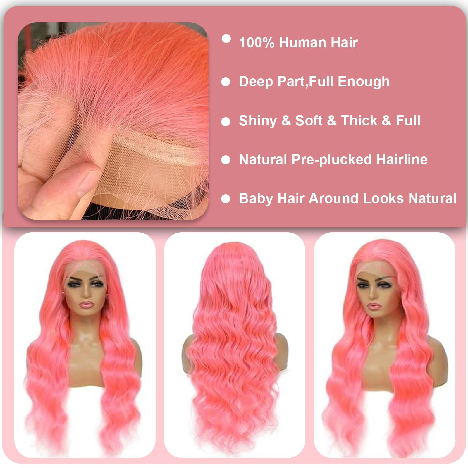 Qgvqgv 28 Inch Pink Lace Front Wig Human Hair 13X6 Hd Lace Pink Body Wave Wig Human Hair Pre Plucked Colored For Women 200% Density Strawberry Body Wave Lace Front