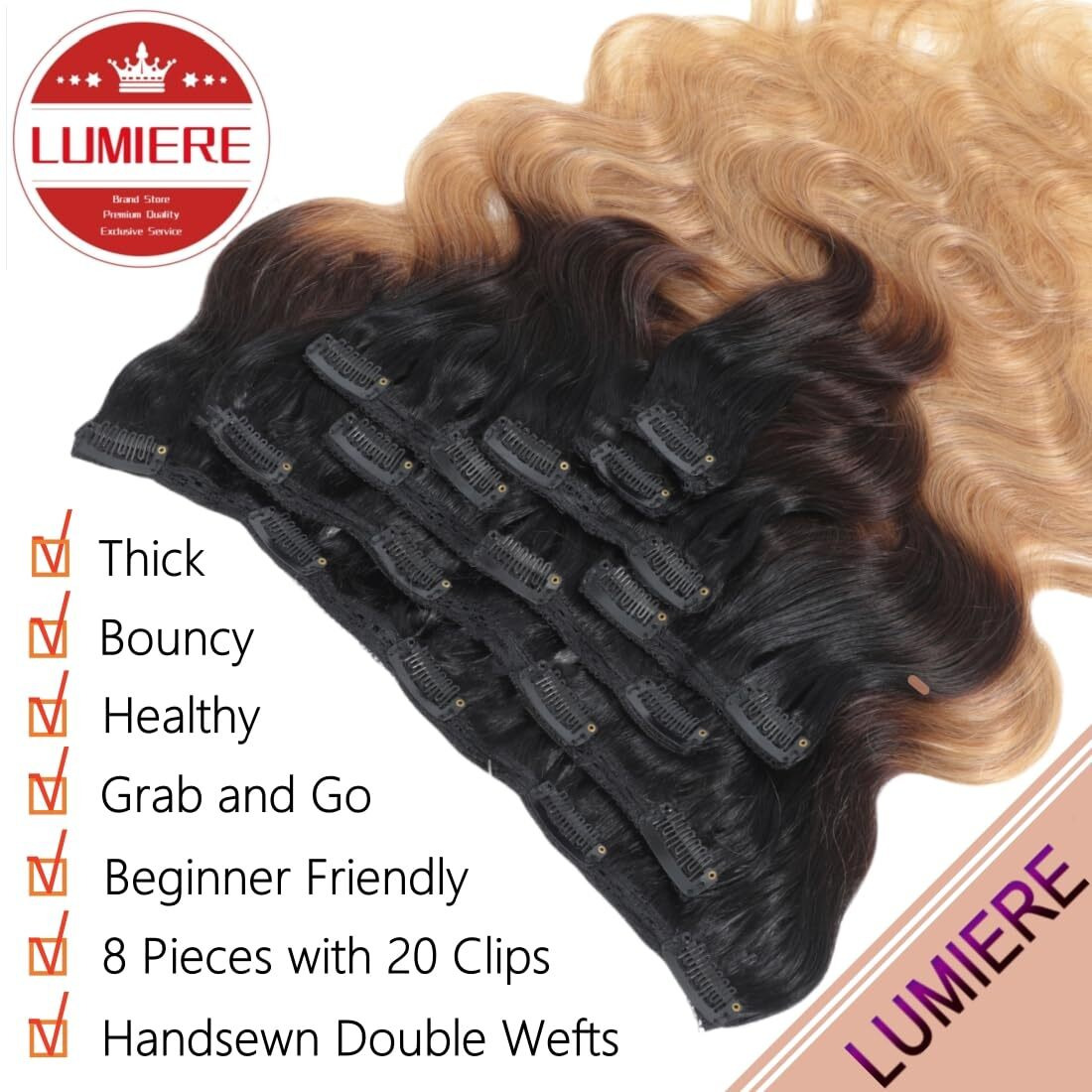 Lumiere Human Hair Clip In Extensions, 1B/4/27 Ombre Brown Body Wave Seamless Clip In Hair Extensions Real Human Hair Balayage Hair Extensions 120G 8Pcs Per Set 24 Inch