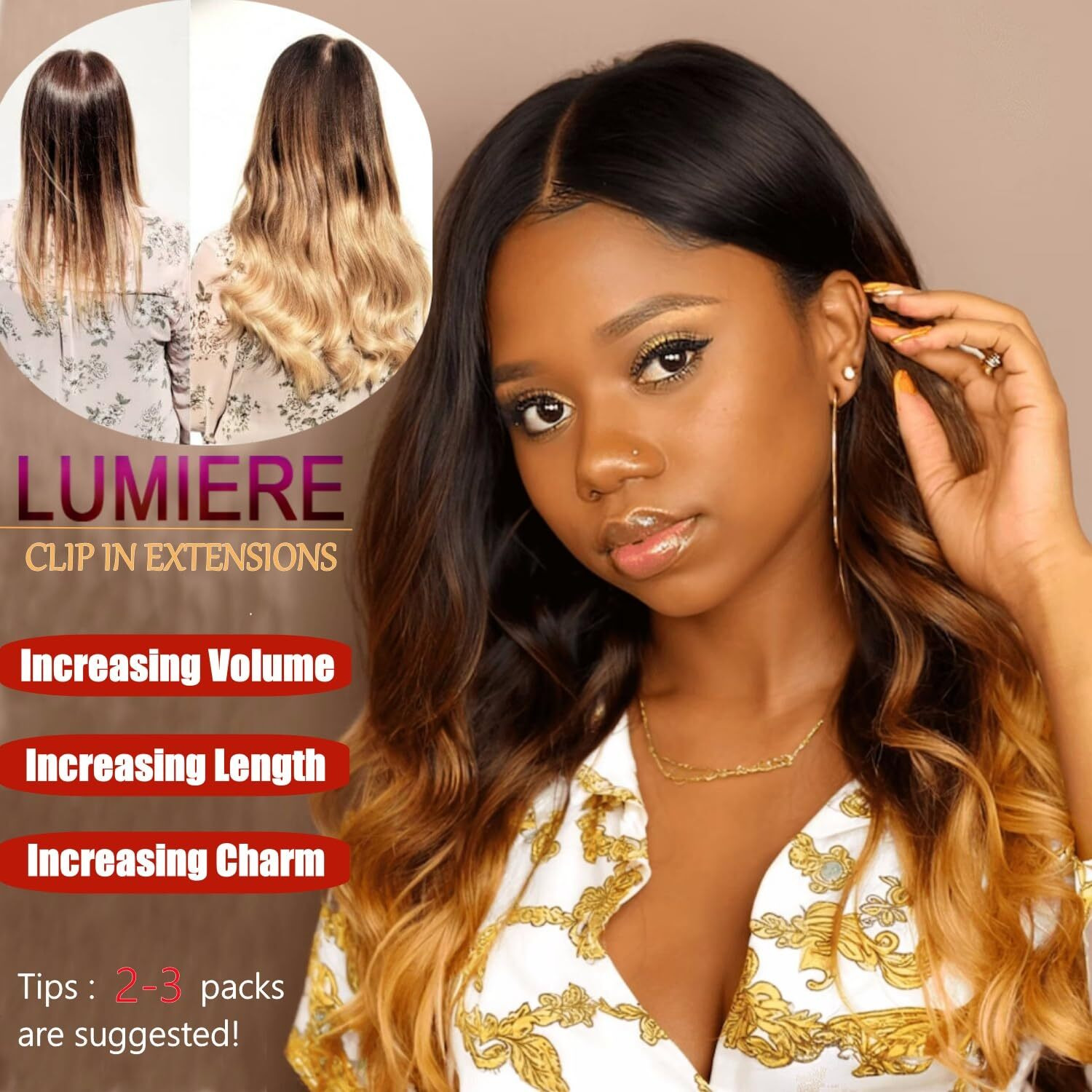 Lumiere Human Hair Clip In Extensions, 1B/4/27 Ombre Brown Body Wave Seamless Clip In Hair Extensions Real Human Hair Balayage Hair Extensions 120G 8Pcs Per Set 24 Inch