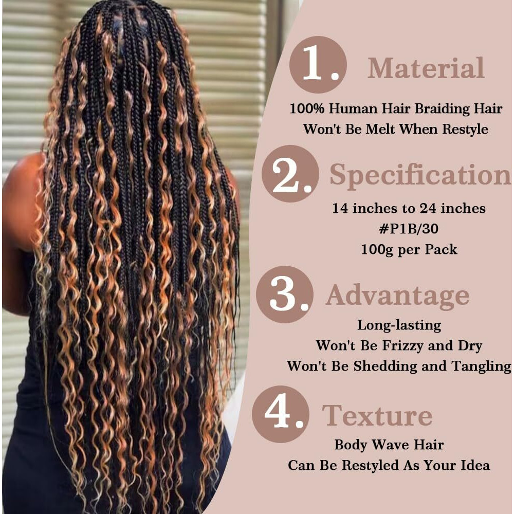 Goulus P1B/30 Body Wave Bulk Human Hair For Braiding No Weft Boho Braids Human Hair Brading Hair Extensions 100G One Bundle Wet And Wavy Human Braiding Hair For Boho Braids(22Inch, P1B/30 Body)