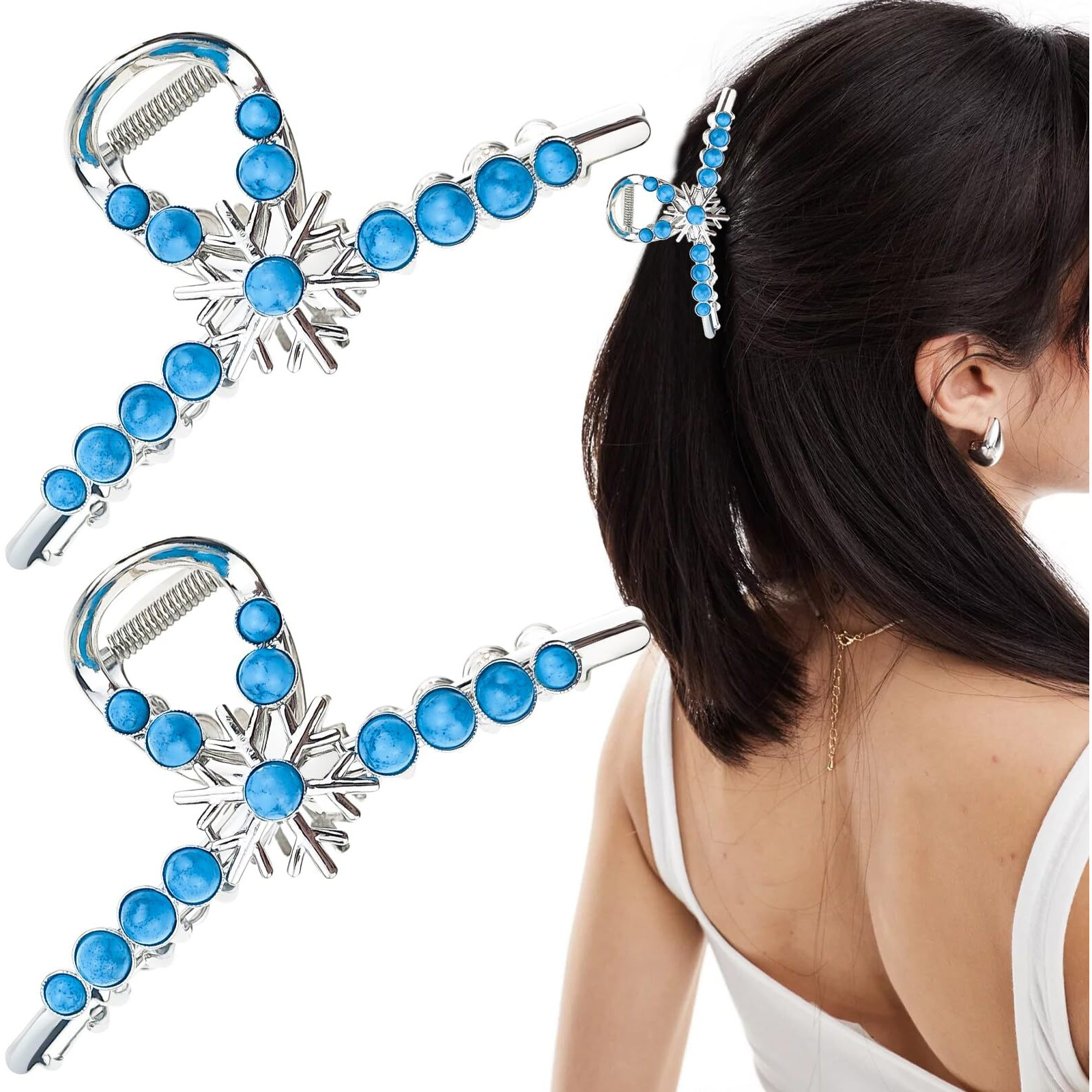 2 Pack Extra Turquoise Blue Stone Sun Hair Claw Clip, Metal Retro Style Hairpin Western Hair Clip, Nonslip Hair Accessories For Thick Hair (Snowflakes)