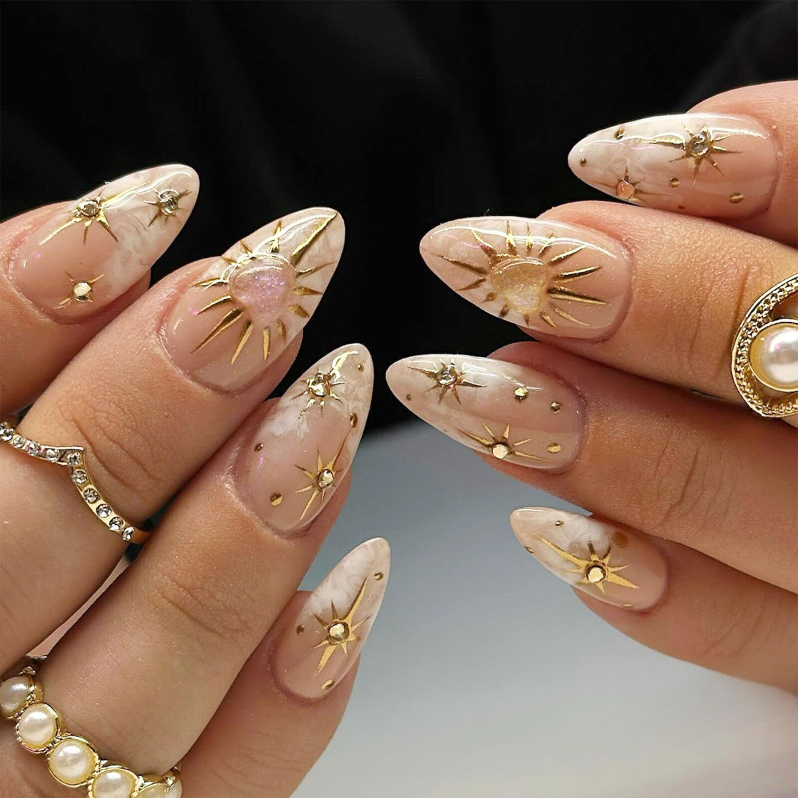 Imsohot Press On Nails Medium Almond Fake Nails Golden Sun, Moon, Heart Pattern Glue On Nails Full Cover Glossy Artificial Cute Nude Stick On False Nails For Women Girls 24Pcs