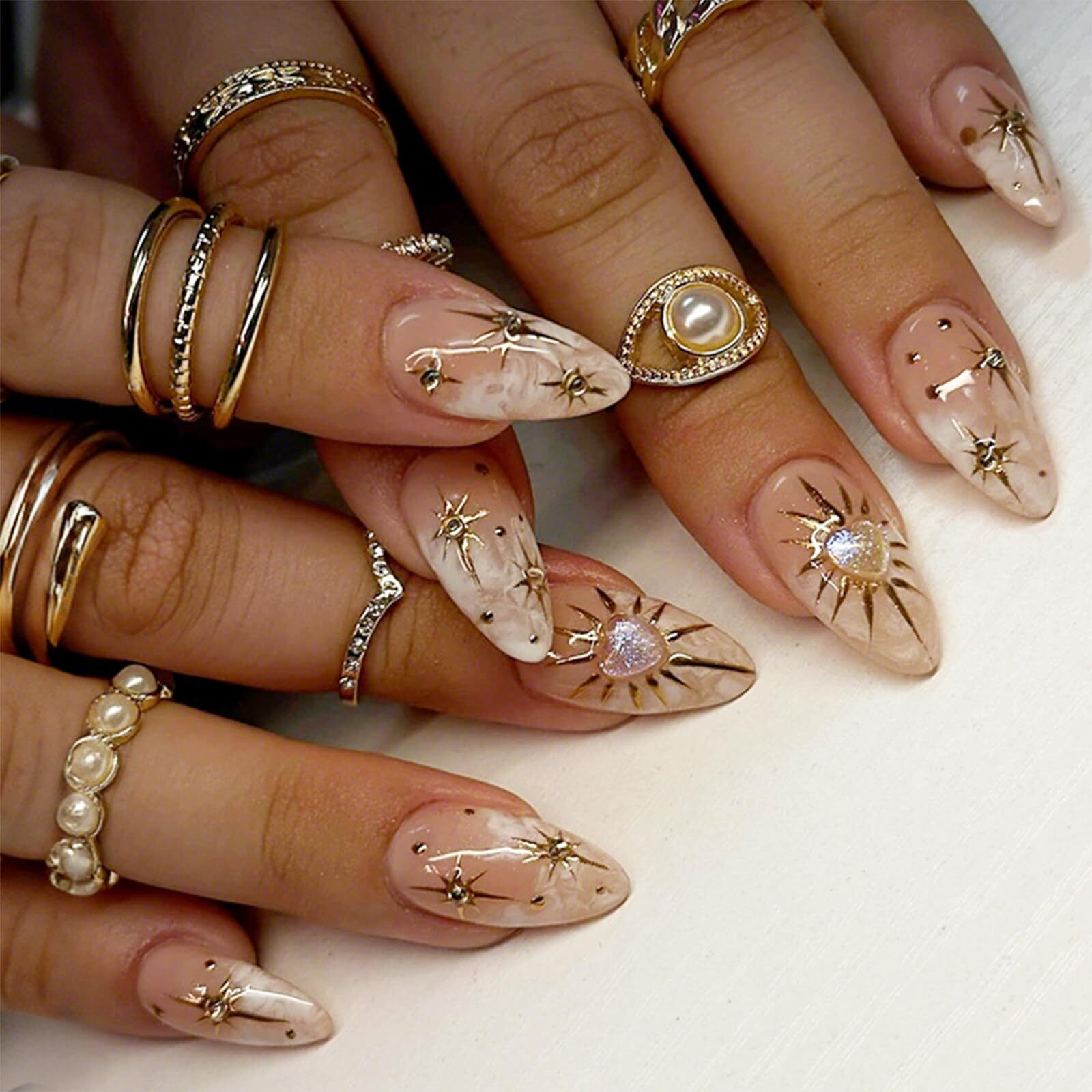 Imsohot Press On Nails Medium Almond Fake Nails Golden Sun, Moon, Heart Pattern Glue On Nails Full Cover Glossy Artificial Cute Nude Stick On False Nails For Women Girls 24Pcs