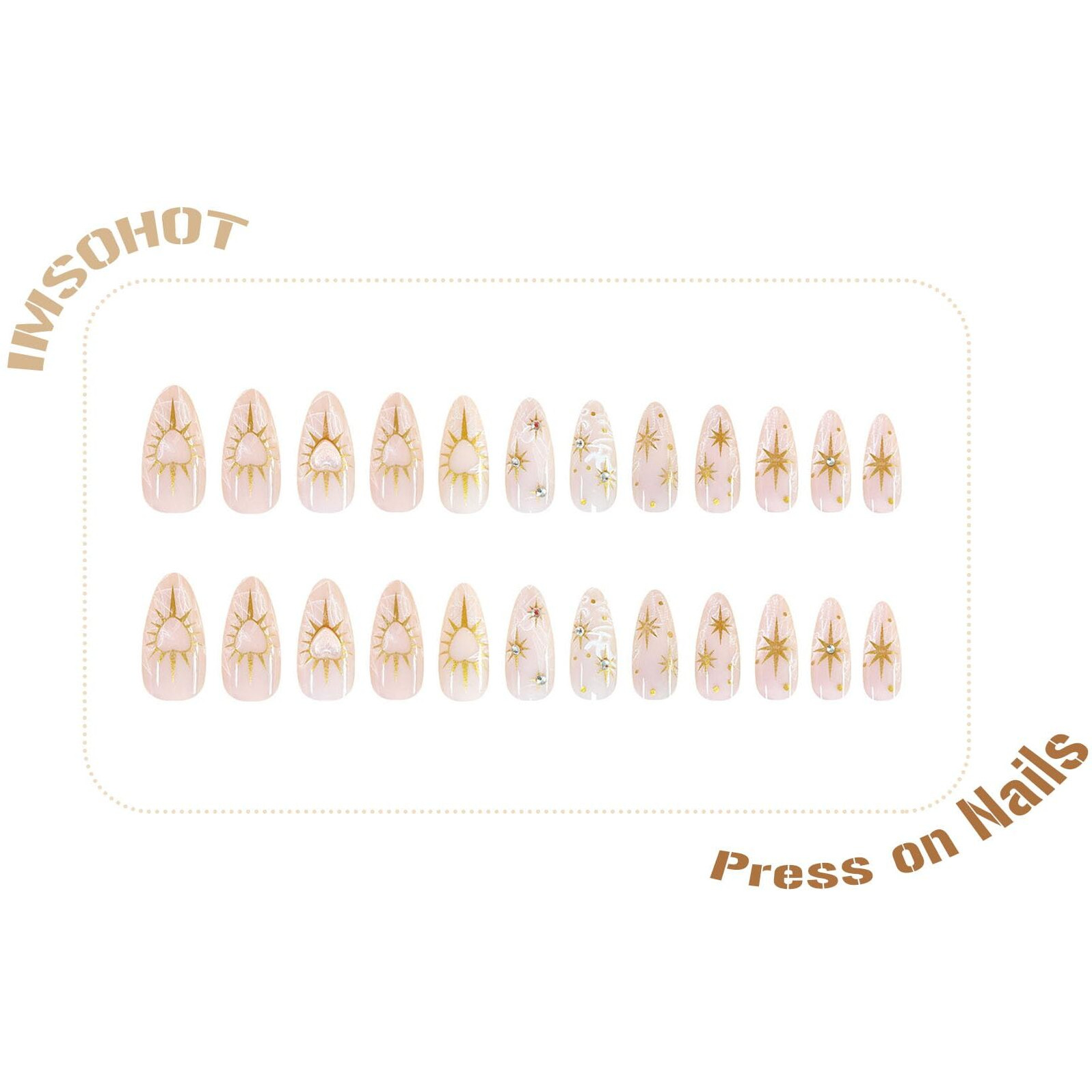 Imsohot Press On Nails Medium Almond Fake Nails Golden Sun, Moon, Heart Pattern Glue On Nails Full Cover Glossy Artificial Cute Nude Stick On False Nails For Women Girls 24Pcs